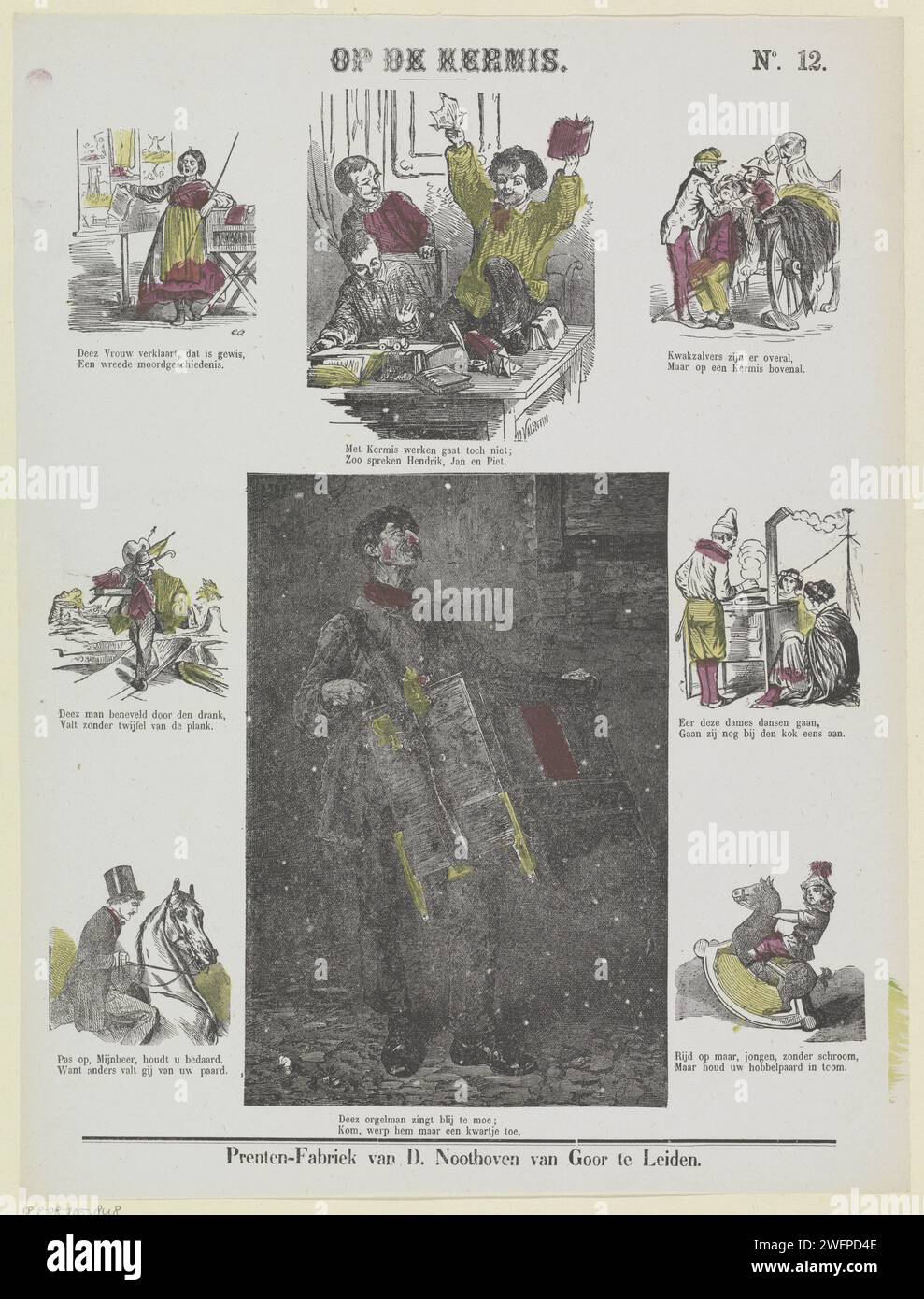 Auf der Messe drucken 1850 - 1881 Blatt mit 8 Aufführungen eines Lehrers, Schulkinder, eines Quackers und anderer Figuren. Unter jeder Aufführung eine zwei-Wege-Strophe. Oben rechts nummeriert: Nr. 12. Leiden Papier Buchdruck Quack, Scharlatan, Mountebank, 'saltimbanco'. Lehrer und Schüler. Menschliche Typen. Musiker bei der Arbeit - CC - draußen. Schaukelpferd Stockfoto
