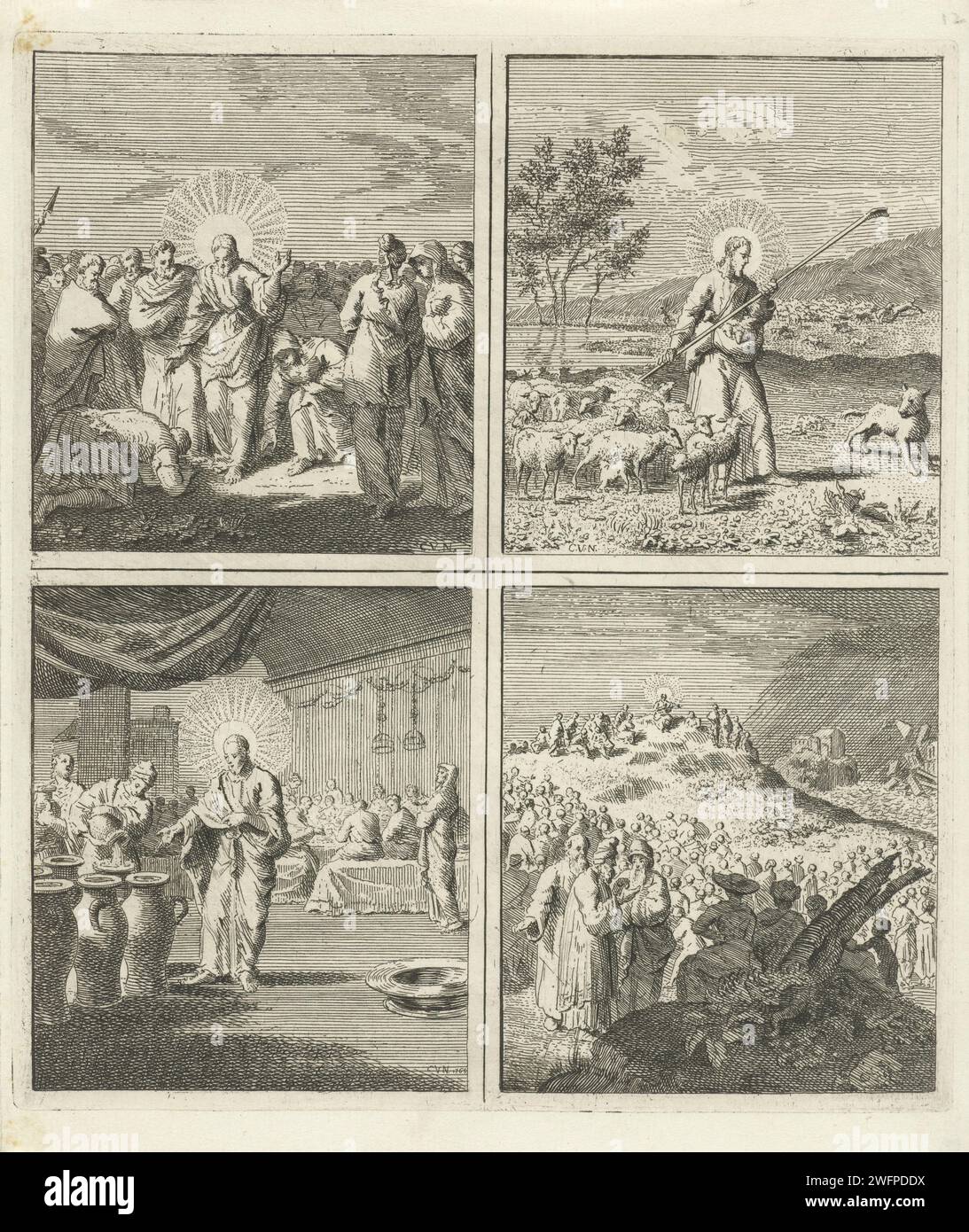 Jairus kniet für Christus / Christus als guter Hirte / Hochzeit in Kana / Berg, Cornelis van Noorde, in oder vor 1767 drucken vier Aufführungen. Oben links: Jairus kniet für Christus, um ihn zu bitten, seine Tochter zu heilen. Hinter Christus beugt sich eine Frau, um den Saum seines Teppichs zu berühren. (Luk. 8: 40-48) rechts oben: Christus vertreibt einen Wolf wie der gute Hirte. (Johannes 10:11-12) unten links: Christus gibt der Hochzeit in Kana den Auftrag, die Fässer mit Wasser zu füllen. (Johannes 2,7) unten rechts: Die Bergpredigt, in der Christus von dem törichten Mann erzählt, der sein Haus auf dem Sand baute Stockfoto