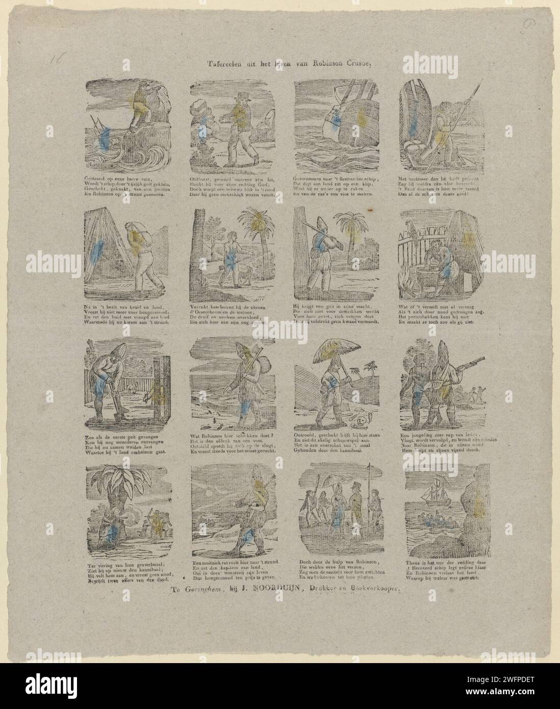 Szenen aus dem Leben von Robinson Crusoe, Alexander Cranendoncq (möglicherweise), 1819 - 1840 Print Leaf mit 16 Aufführungen aus der Geschichte von Robinson Crusoe, die auf einer Insel streift. Eine vierzeilige Verse unter jedem Bild. Gorinchem Papier-Buchdruck (Szenen aus) spezifische Werke der Literatur: Defoe, Robinson Crusoe Stockfoto