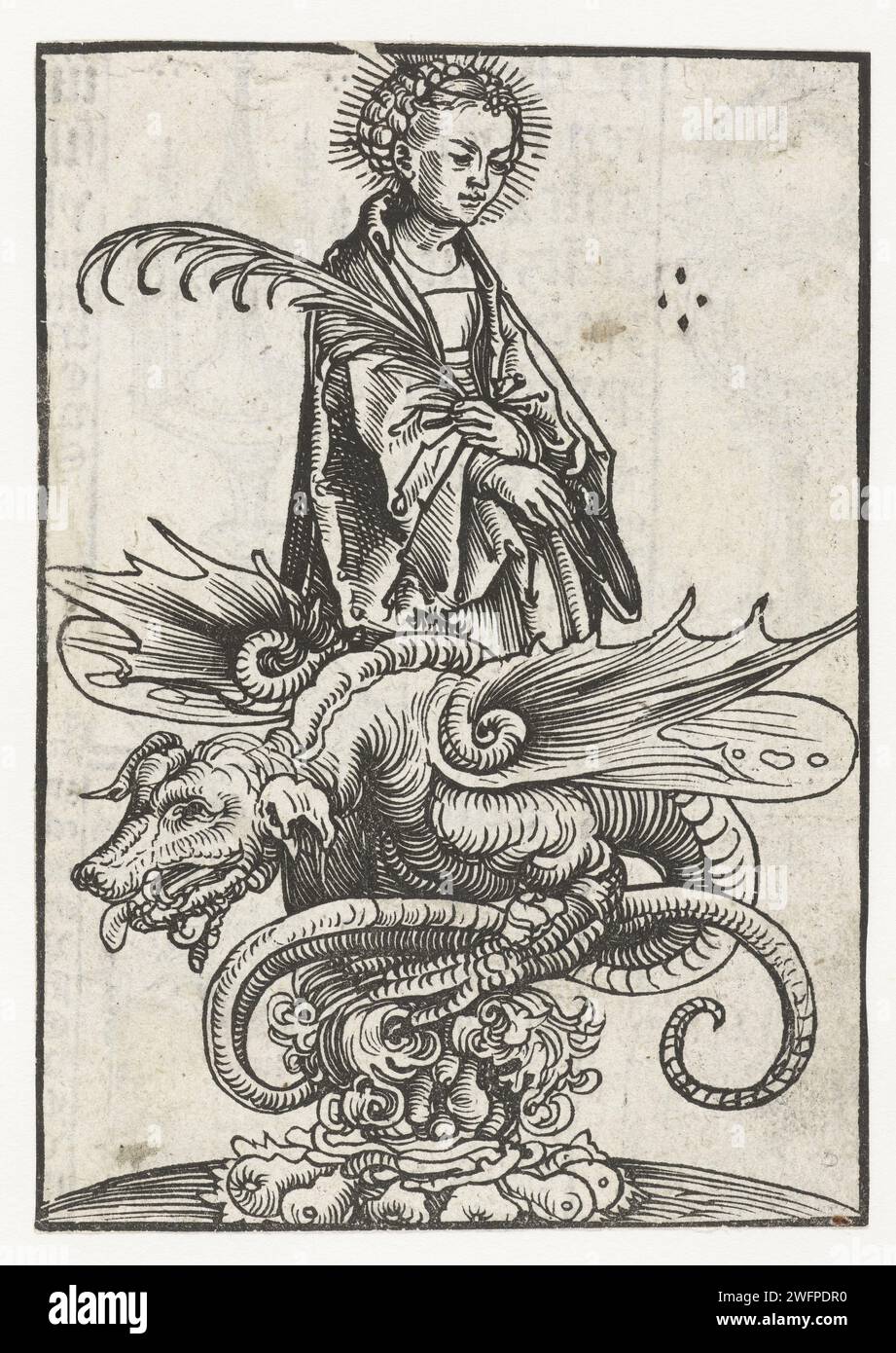 Bild der Heiligen Margarete und Draak, Lucas Cranach (I), 1509 - 1549 Druck Bild der Heiligen Margarete stehend mit Palmenzweig und Drache zu Fuß reich mit Ornamenten verziert. Einige kleine Bilder von Reliquienhaltern sind auf der Rückseite dieser Buchabbildung gedruckt. Wittenberger Papier die jungfräuliche Märtyrerin Margarete von Antiochia; mögliche Attribute: Kreuz, Krone, Drache (unter Füßen oder auf Kette), (chaplet of) Perlen Stockfoto