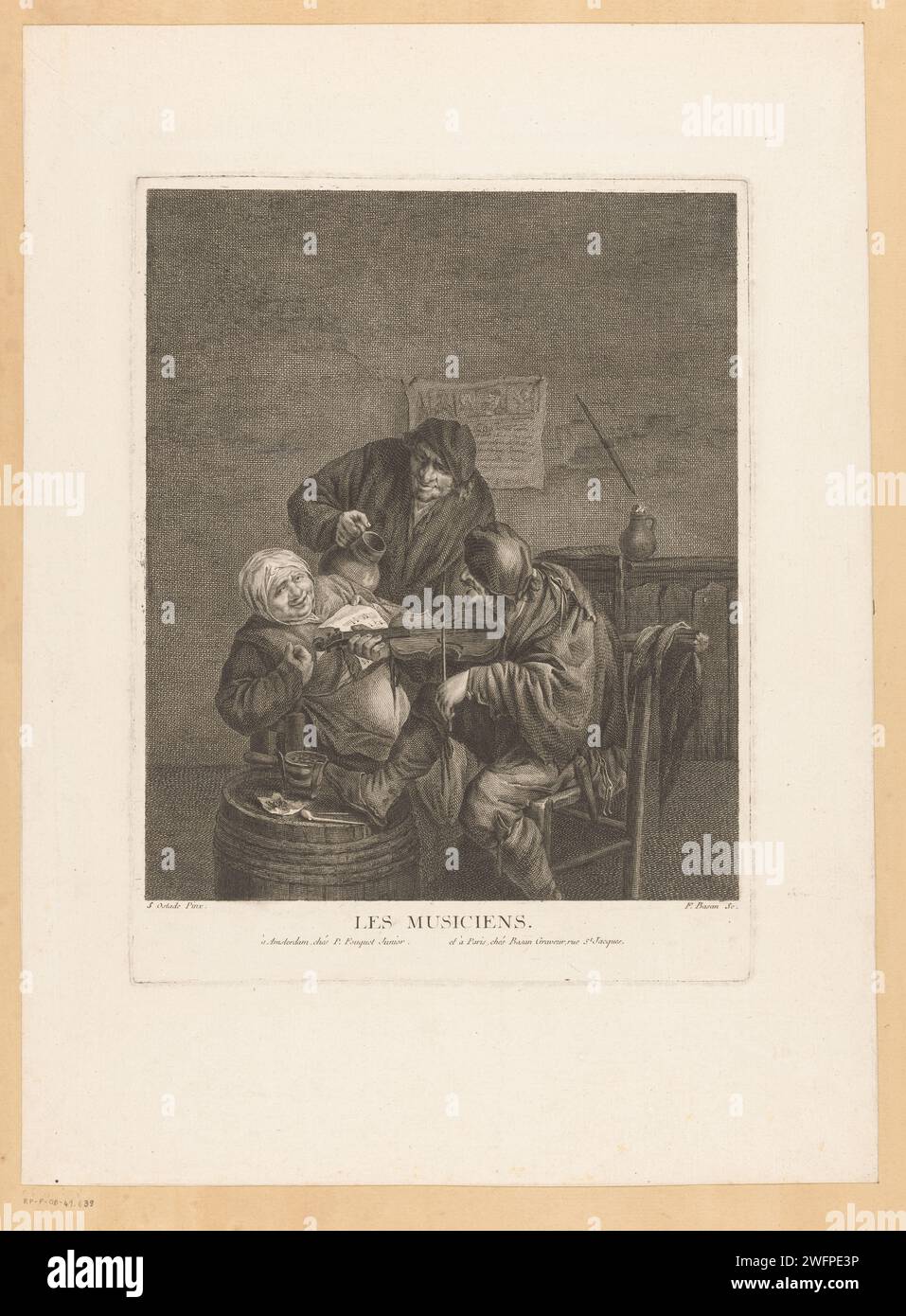 Musikfirma Pierre Francois Basan, nach Isaac van Ostade, 1739 - 1797 Druckerei: Franziskanerin: Amsterdamer Papierätzer/Gravurmusiker, begleitet Sänger(n). Violine, Geige Stockfoto