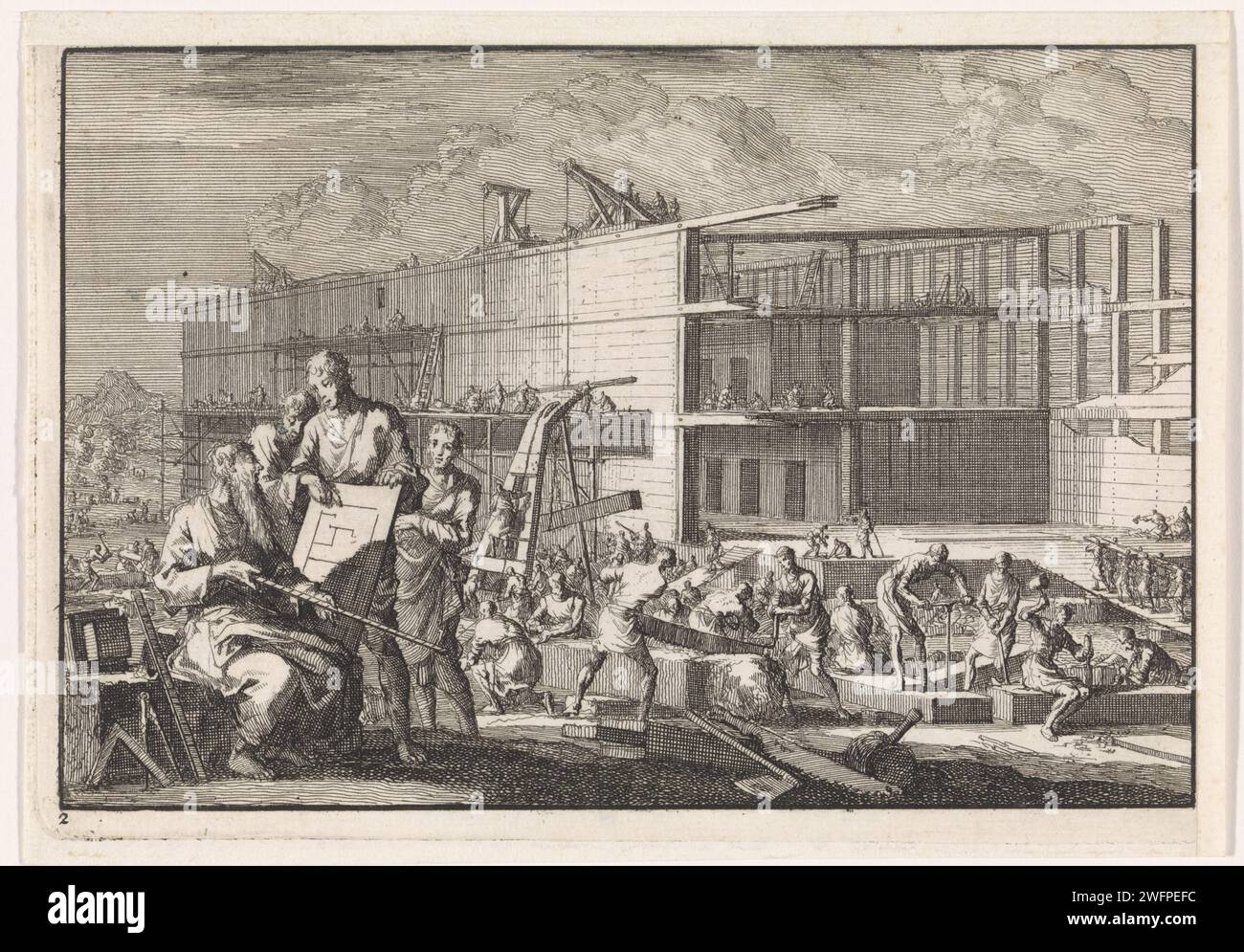 Construction of the Ark of Noah, Jan Luyken, 1703 Print Maker: Haarlem Publisher: Amsterdam Paper Radiching Noah Bau der Arche mit Hilfe seiner Söhne Stockfoto