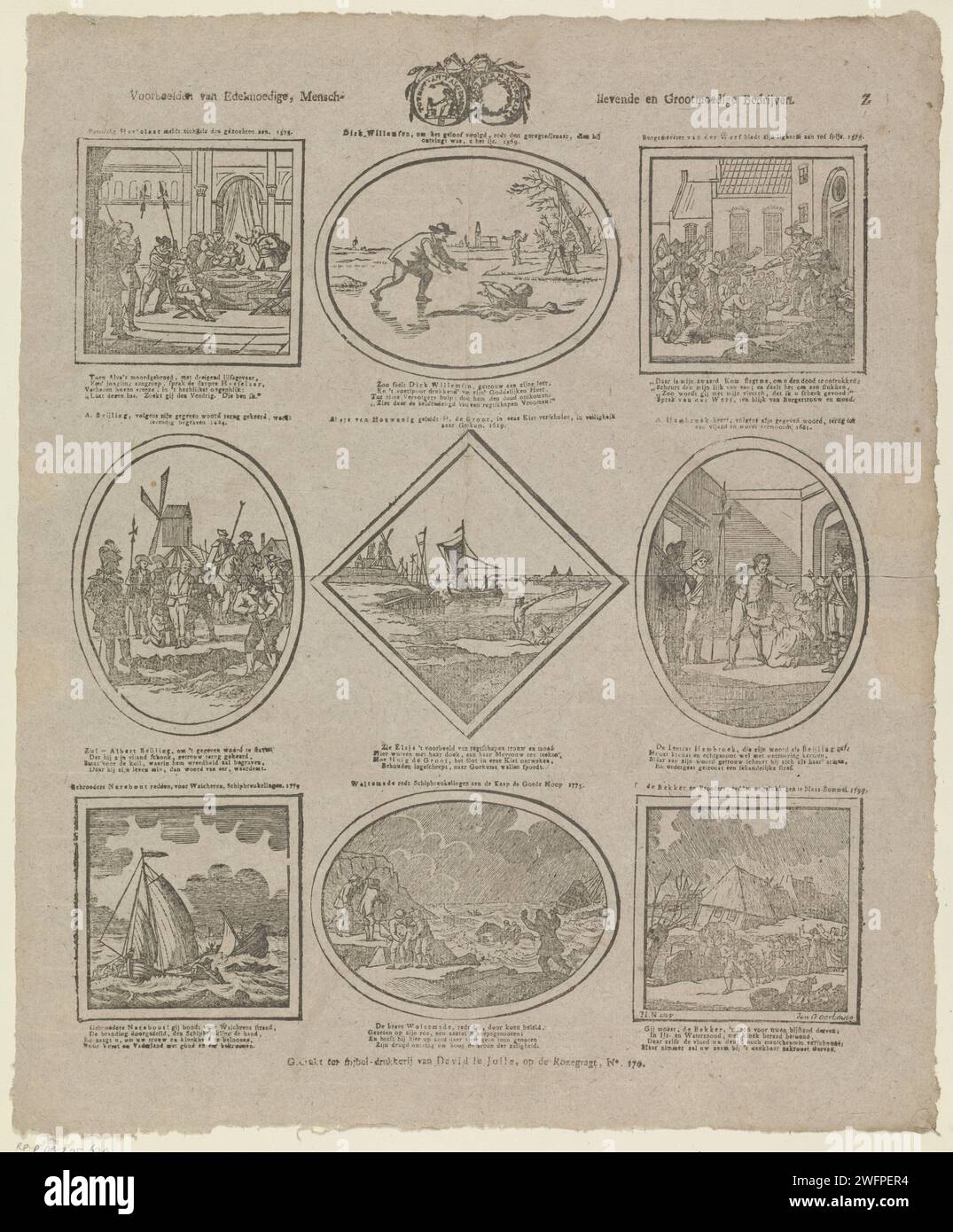 Beispiele für großzügige, Mensch-/liebevolle und große Unternehmen, 1814 - ca. 1820 Print Blatt mit 9 Darbietungen von Taten von Menschen aus der niederländischen Geschichte, die von Großzügigkeit zeugen. Darbietungen ganz oder weitgehend von alten Drucke übernommen. In der Mitte des Siegel der Gesellschaft für den Gebrauch des allgemeinen. Über jedem Bild ein Titel, unter jedem Bild ein vierzeiliger Vers. Nummeriert oben rechts: Z. Druckerei: Netherlandsprint Hersteller: Netherlandsnach Design von: AmsterdamAfter Design by: AmsterdamVerlag: Amsterdam Papier Buchdruck Selbstlosigkeit (+ Situation oder Ereignis (besonders in Genremalerei) wi Stockfoto