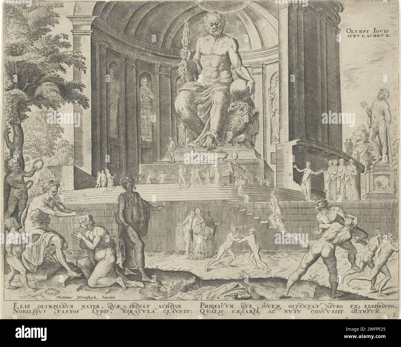 Zeus-Statue in Olympia, 1581–1633 Druck das Bild von Zeus befand sich im dorischen Tempel von Olympia auf dem griechischen Peloponnes. Sie wurde um 433 v. Chr. gegründet. Hergestellt vom Athener Bildhauer Phidias. Rechts vom Tempel ein Bild des Herkules. Auf der Treppe für die Tempelleute, die Zeus' Bild verehren. Im Vordergrund rechts olympische Wrestler und Reiter, links wird einer der Gewinner geehrt. Der Druck hat eine lateinische Unterschrift und ist Teil einer Serie über die acht Weltwunder. Druckerei: Antwerpen Design: HaarlemHaarlemVerlag: Antwerpen Papierstich Statue von Zeus Stockfoto