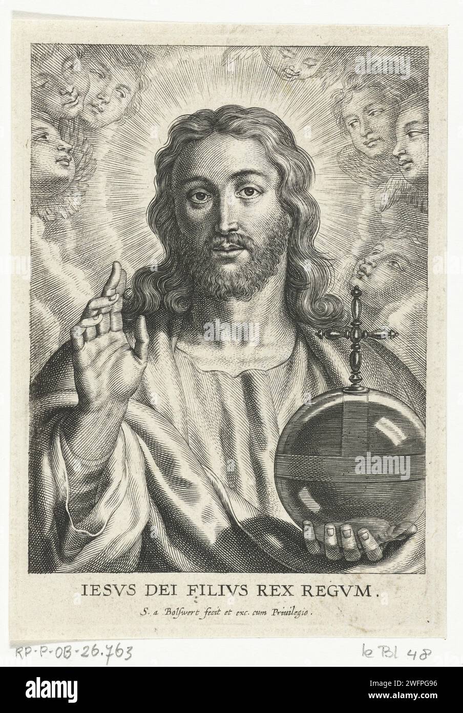 Christus als Salvator Mundi mit Cherubin, Schelte Adamsz. Bolswert, nach Peter Paul Rubens, 1596 - 1659 Druckpapier mit Gravur 'Salvator Mundi', mit einer segnenden Geste; eine Kugel in der Hand oder zu seinen Füßen (+ Engel) Stockfoto