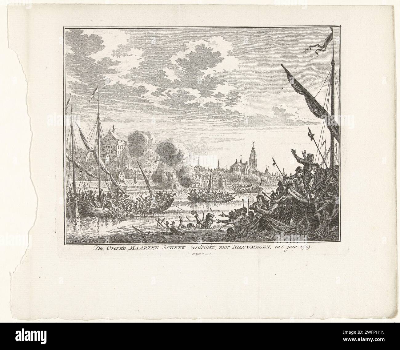 Maarten Schenck van Nideggen ertränkt für Nijmegen, 1589, Simon Fokke, 1752 Druck im Wasser vor der Stadt Nijmegen sind überladen und halb versunkene Binnenschiffe. Verschiedene Figuren sind ertrunken und schweben im Wasser. Maarten Schenck van Nideggen liegt zwischen zwei Booten und ist kurz davor zu ertrinken. Amsterdamer Papierätzer ertrinkend, Schiffbrüchiger Nijmegen Stockfoto