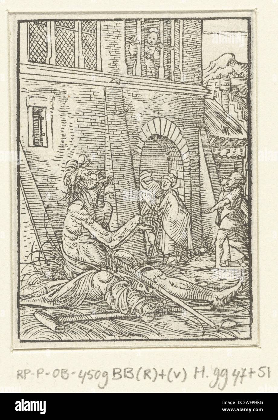 Beganting Sick man for a City Gate, Hans Holbein (II) (möglich), 1547 Print ein untreppter kranker Mann bettelt an einem Stadttor, er sitzt auf dem Boden, während Menschen an ihm vorbeigehen und durch das Tor gehen. Es ist bemerkenswert, dass der Tod nicht auf diesem Bild dargestellt wurde, während es Teil der Serie von Buchillustrationen der Doddans ist. Am Rand über dem Ausdruck befindet sich der Text ROM VII Papierperson mit körperlicher Behinderung. Tanz des Todes; Tod zusammen mit einem oder mehreren Menschen. Bettler. Krücken Stockfoto