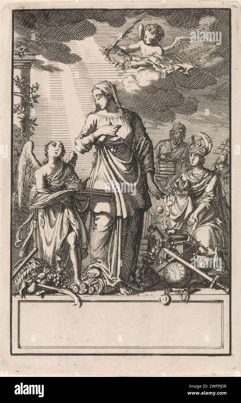 Engel bietet Glauben eine Krone an, Jan Luyken, 1697–1699 Print die Personifikation des Glaubens (Fides) betrachtet einen Engel, der eine Krone auf einem offenen Buch erhebt. Der glaube lehnt die kniende Frau mit Symbolen säkularer und spiritueller Macht, Wissenschaft und Reichtum rechts von ihr ab. Amsterdamer Papierätzengel. Fides (glaube) als römische Personifikation. Krone (Symbol der Souveränität). Autorität, Macht; „Dominio“, „Giurisdittione“ (Ripa) (+ Personifizierung). Symbolische Darstellungen, Allegorien und Embleme ~ Wissenschaft, 'Scientia'; 'Scienza', 'Studio' (Ripa). Reichtum, Opulenz; „Opulenza“, „Richezza“ (Ripa) Stockfoto