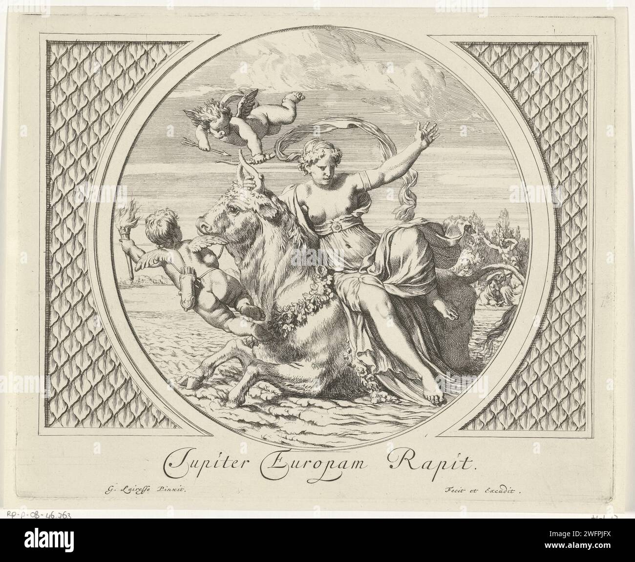Dach van Europa, Gerard de Lairese, 1680 Print Europa wird von Jupiter in Form eines Stiers über dem Meer genommen, zwei Putti-Fliegen. Im Hintergrund, rechts, sind die Tankstellen Europas verzweifelt am Strand. Szene aus den Metamorphosen von Ovidius. Anhänger eines Druckes mit dem Bild von Perseus und Andromeda. Jupiter, meist in Form eines weißen Stiers, entführt Europa und trägt sie über das Wasser Stockfoto