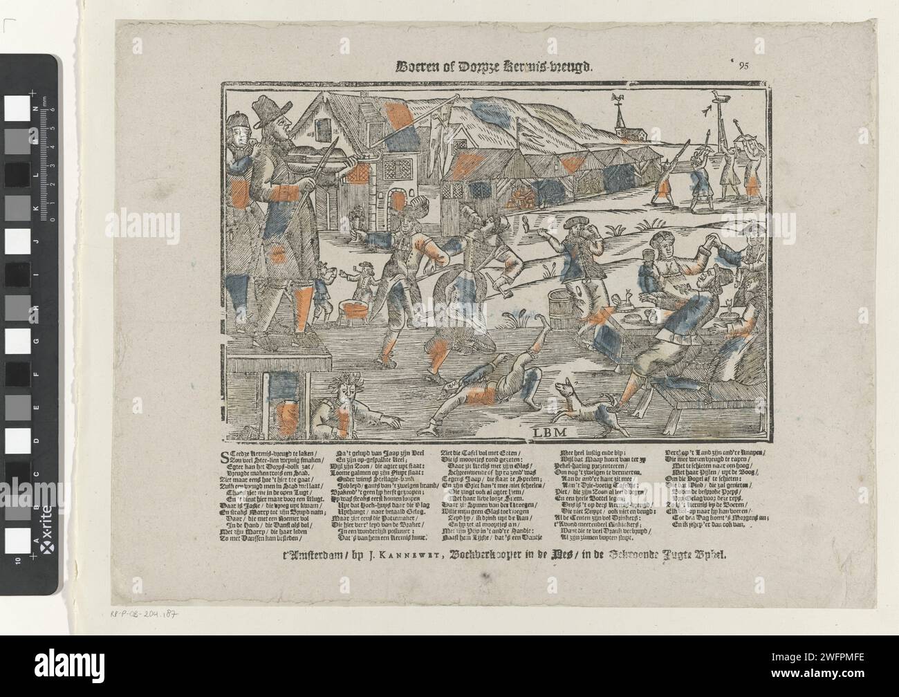 Farmers or Dorpze kermis -Vreugd, 1725 - 1780 Print Messe in einem Bauerndorf. Mit Bauern, die essen und trinken und zur Musik der Musiker auf der linken Seite tanzen. Im Hintergrund steht und schießt auf den Papagei. Unter dem wird ein Vers in fünf Spalten angezeigt. Rechts oben nummeriert: *95. Druckerei: Netherlandspublisher: Amsterdam Papier Buchdruck Vergnügen Messe und Zirkus. (Jährliche) Messe, Messe. Vogelschießen (an einem hohen Stab). Ein Paar tanzt, Mann und Frau tanzt als Paar. Instrumentale populäre Musik Stockfoto