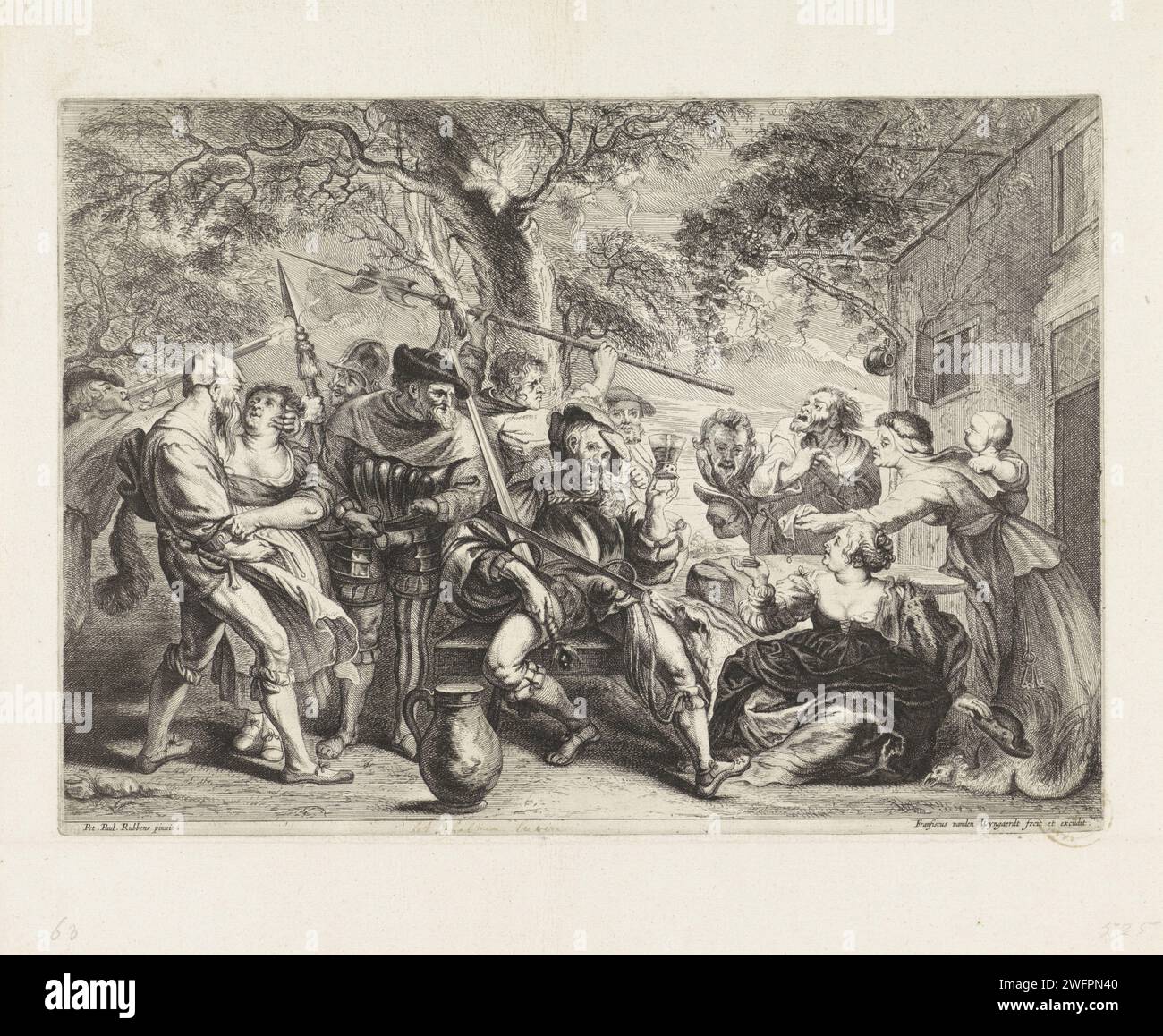 Parteibauern und Soldaten für eine gaststätte, Frans van den Wijngaerde, nachdem Peter Paul Rubens, 1636–1679 drucken, hat sich Eine Gruppe von Soldaten und Bauern für eine gaststätte versammelt. In der Mitte hebt ein Mann sein Glas. Zu seinen Füßen ist ein großer Krug. Links schießt ein Soldat auf die Vögel im Baum. Antwerpen Papierätzung / Gravur Hotel, Hostelry, inn. Betrunkene Schlägerei (normalerweise kämpfen Bauern in einem gasthaus). Vogeljagd. Glasbehälter: Flasche, Glas, Vase Stockfoto