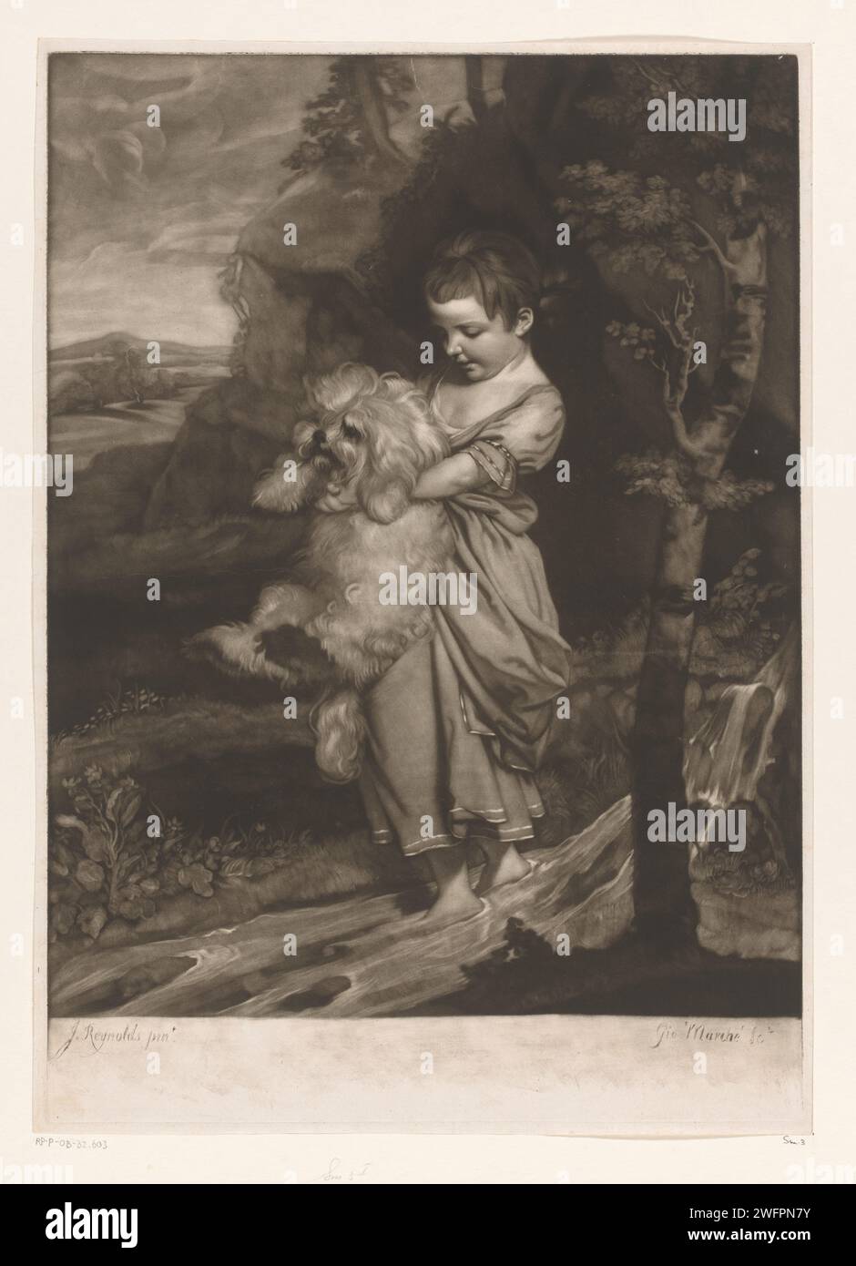 Porträt von Hester Frances Bellingham mit ihrem Hund Giuseppe Filippo Liberati Marchi, nach Joshua Reynolds, 1770–1808 Druckpapier historische Personen. Mädchen (Kind zwischen Kleinkind und Jugend) Stockfoto