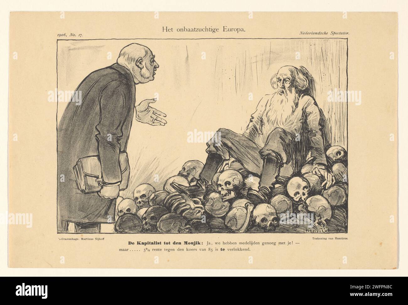 Cartoon über den europäischen Kapitalismus und russische Bauern, Henricus, Henricus, 1906 drucken Ein Mann mit einer Aktentasche spricht einen alten Mann auf einem Berg menschlicher Schädel an. Das Haager Papier politische Karikaturen und Satiren. Landwirte. (Menschlicher) Schädel Stockfoto