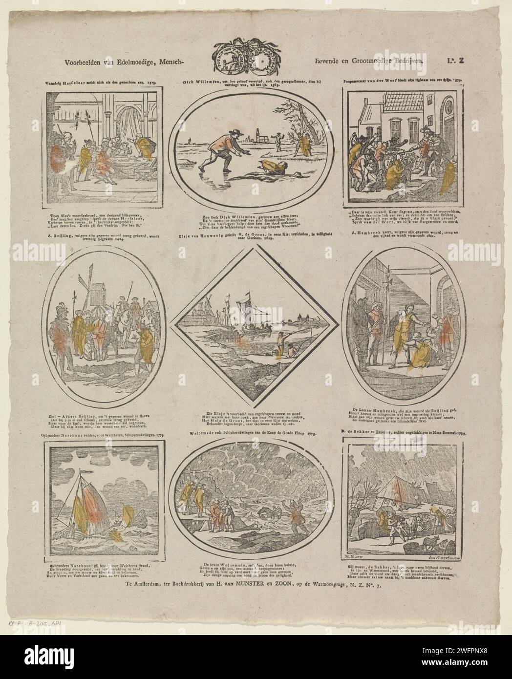 Beispiele für großzügige, Mann-/liebevolle und große Kompanien, 1811 - 1829 Print Blatt mit 9 Darbietungen von Taten von Menschen aus der niederländischen Geschichte, die von Großzügigkeit zeugen. Darbietungen ganz oder weitgehend von alten Drucke übernommen. In der Mitte des Siegel der Gesellschaft für den Gebrauch des allgemeinen. Über jedem Bild ein Titel, unter jedem Bild ein vierzeiliger Vers. Oben rechts nummeriert: L.z. Druckerei: Netherlandsprint Hersteller: Netherlandsnach Design von: AmsterdamAfter Design by: AmsterdamVerlag: Amsterdam Papier Buchdruck Selbstlosigkeit (+ Situation oder Ereignis (besonders in der Genremalerei) mit Stockfoto
