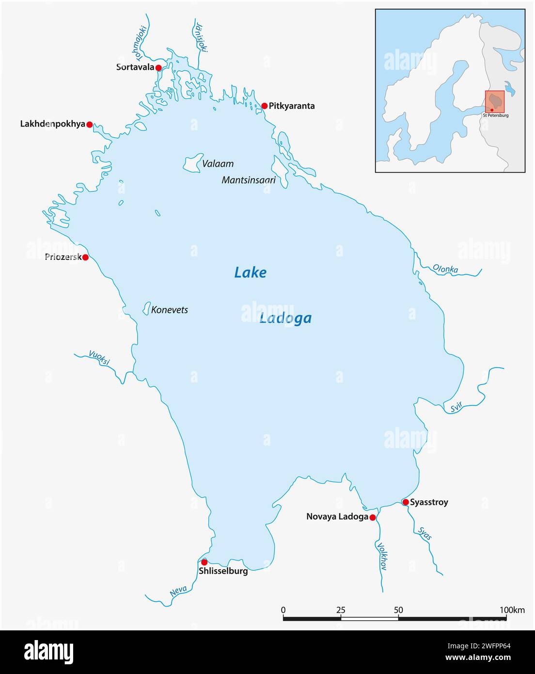 Einfache Übersichtskarte des Ladoga-Sees, Karelien, Russland Stockfoto