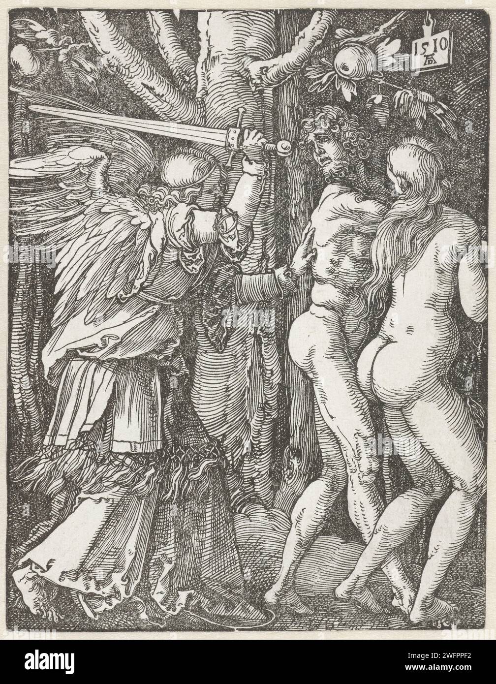 Adam und Eva aus dem Paradies getrieben, Albrecht Dürer, 1510 Druck Adam und Eva werden von einem Engel mit Schwert aus dem Paradies vertrieben. Dieser Druck ist Teil der Presseserie „de kleine Passie“, die aus einem Titeldruck und 36 biblischen Szenen (hauptsächlich aus der leidenden Geschichte) besteht. Nürnberger Zeitung ein Engel jagt Adam und Eva mit einem (flammenden) Schwert aus dem Paradies Stockfoto