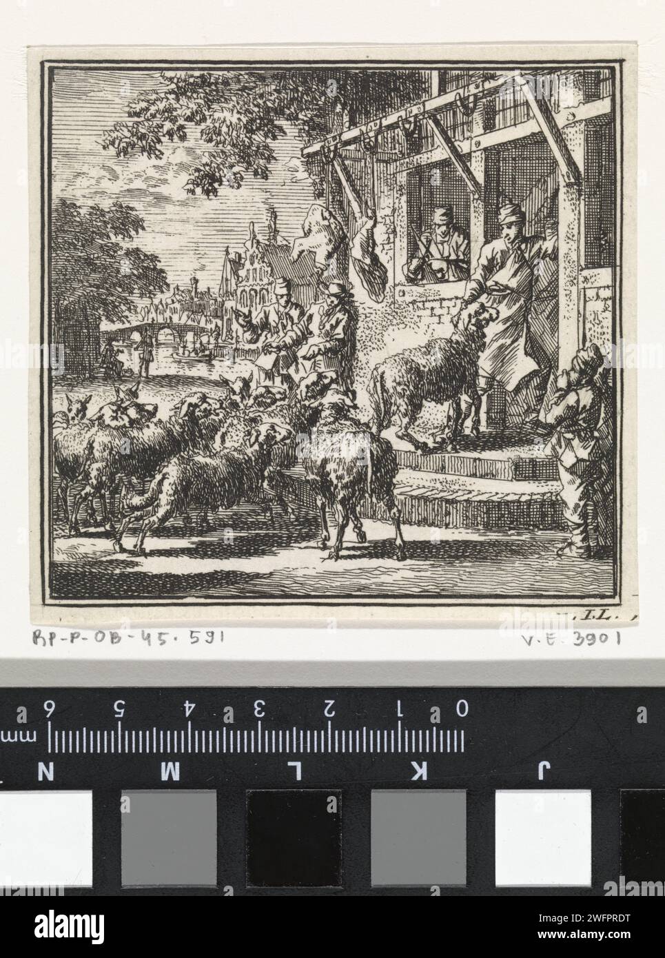 Schafe werden in einen Metzger geführt, Jan Luyken, 1711 Druck Amsterdamer Papierätzung Stockfoto