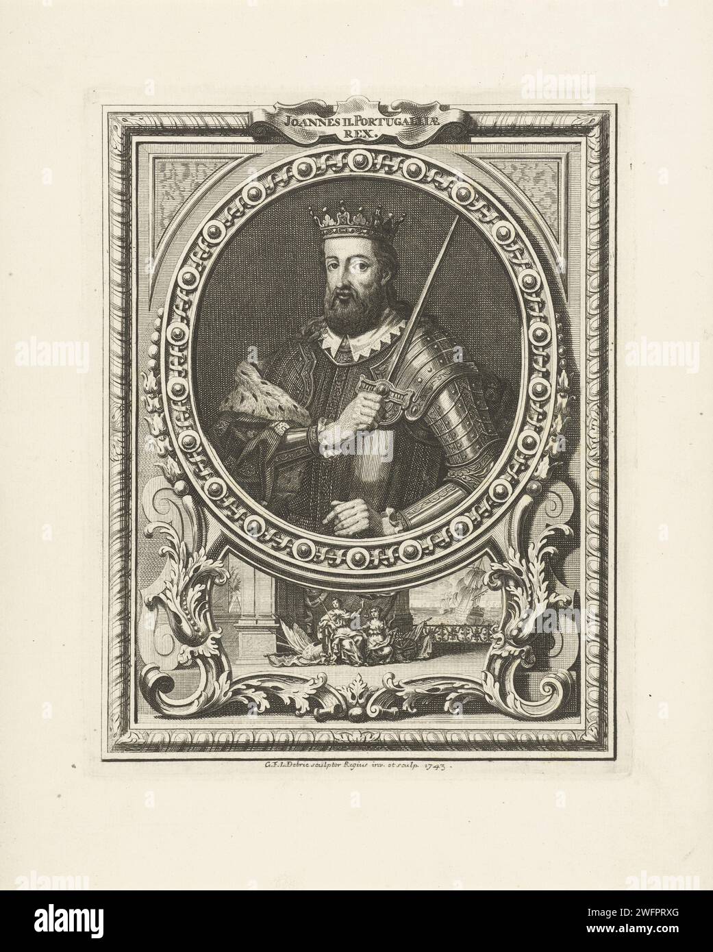 Porträt von Johannes II., König von Portugal, Gabriël Francois Louis Debie, 1743 Druck Porträt von Johannes II., König von Portugal, auf halbem Weg stehend, in Rüstung gekleidet, Zepter in der Hand und Krone auf dem Kopf, in ovaler Begleitung. Unter Kartusche mit Justitia und Überfluss, mit Kriegstrophäen, das ganze in rechteckigem Rahmen. Portugal Papierätzung Stockfoto