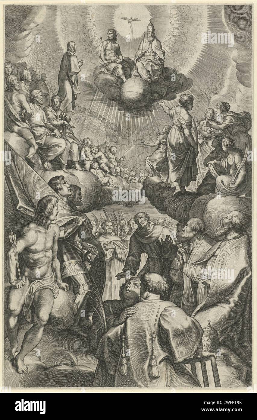 Allerheiligen Staatsanwaltschaft, Theodoor Galle (möglich), nach Peter Paul Rubens, ca. 1612 - ca. 1616 Druck alle Heiligen sind um den Thron Christi, Gottes und des Heiligen Geistes (einschließlich des Heiligen Sebastiaan, St. Joris) gesammelt. Die H. Katharina von Konstantinopel usw.). Maria steht neben der dreifaltigkeit. Der Druck hat eine lateinische Unterschrift. Antwerpen Papiergravur Devotion: All Saints Picture, 'All Saints' Day' Stockfoto