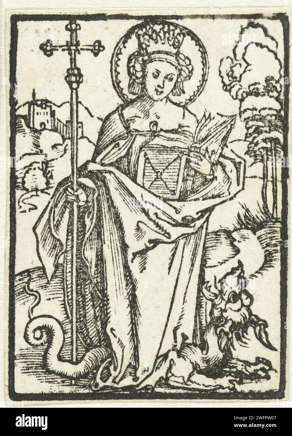 Heilige Margaretha, Albrecht Dürer (Kreis von), 1503 Druck die Heilige Margarete mit einem Stab und einem Buch, ein Drachentrampling. Nürnberger Papier die jungfräuliche Märtyrerin Margarete von Antiochia; mögliche Attribute: Kreuz, Krone, Drache (unter Füßen oder auf Kette), (chaplet von) Perlen Stockfoto