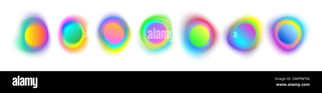 Verlaufsunschärfe Formen mit Farbabstufung. Abstrakte glühende Flüssigkeitskreise. Regenbogenraumkugeln. Sammlung isolierter Vektorelemente auf weißem Hintergrund. Stock Vektor