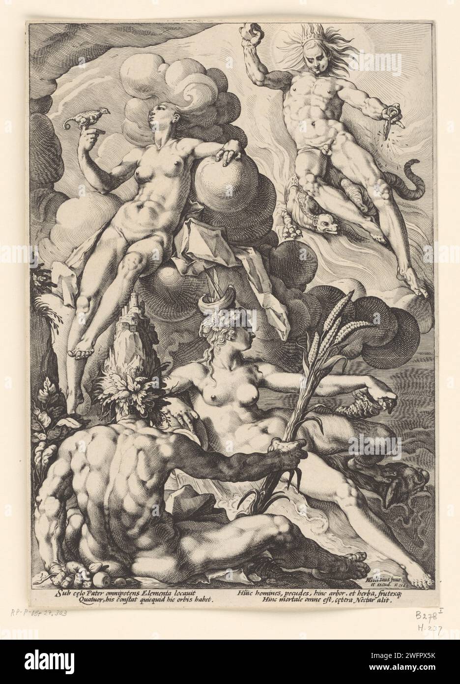 De vier Elemente, Jacob Matham (zugeschrieben), nach Hendrick Goltzius, 1588 drucken die vier Elemente Erde, Wasser, Luft und Feuer, verkörpert als zwei weibliche und zwei männliche Figuren. Links im Vordergrund, hinten gesehen, befindet sich die Erde (Terra) in seiner Hand Maisscheiben. Ebenfalls im Vordergrund steht Wasser (Aqua) als weibliche Figur mit einem Schiff auf dem Kopf und einem Bach neben ihr. Am Himmel zwischen den Wolken liegt Luft (AER) mit einem Chamäleon an der Hand. Rechts eine Menschenfigur, die Feuer (Ignis) darstellt, sitzt auf einem Drachen und eine Flammenkrone auf seinem Kopf. Hinter seinem Kopf die Sonne. Haarlem Papier Stockfoto