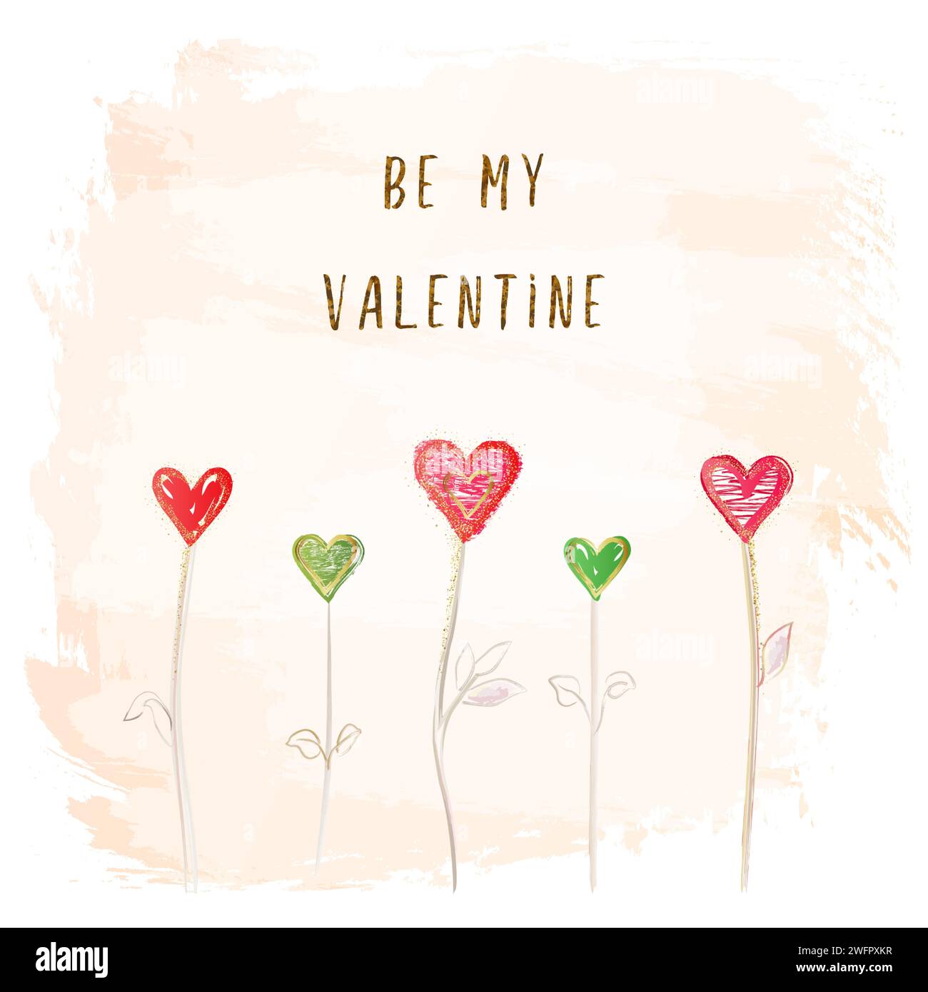 Sei meine quadratische Valentinskarte. Vektorillustration im Aquarellstil. Happy Valentine's Day Postkartenkonzept. Abstrakter rosa Hintergrund. Stock Vektor