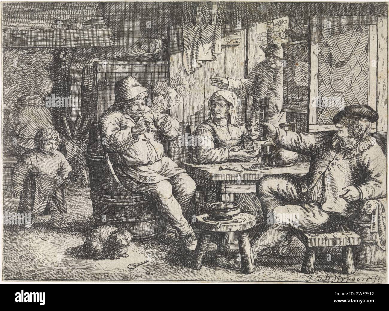Bauerninnenraum mit einem Jungen auf einem Hobby, Justus van den Nijpoort, 1635 - 1692 Druck in einem Innenraum gibt es einen Mann mit einem Glas in der Hand, einen Mann, der seine Pfeife anzündet, und eine Frau mit einem Kind auf dem Schoß um einen Tisch. Links spielt ein Junge mit einem Hobbypferd. Ein Mann betritt den Raum rechts in der Tür. Da ist eine Katze auf dem Boden. Unbekannte Papierätzung / Gravur im Inneren des Hauses. Landwirte. Glas, rummer. Hobbypferd. Kat. Pfeife  Tabak Stockfoto