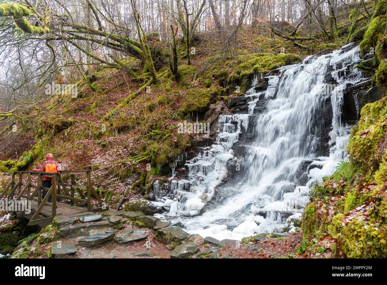 Ein gefrorener Wasserfall auf dem Birks of Aberfeldy Walk Stockfoto