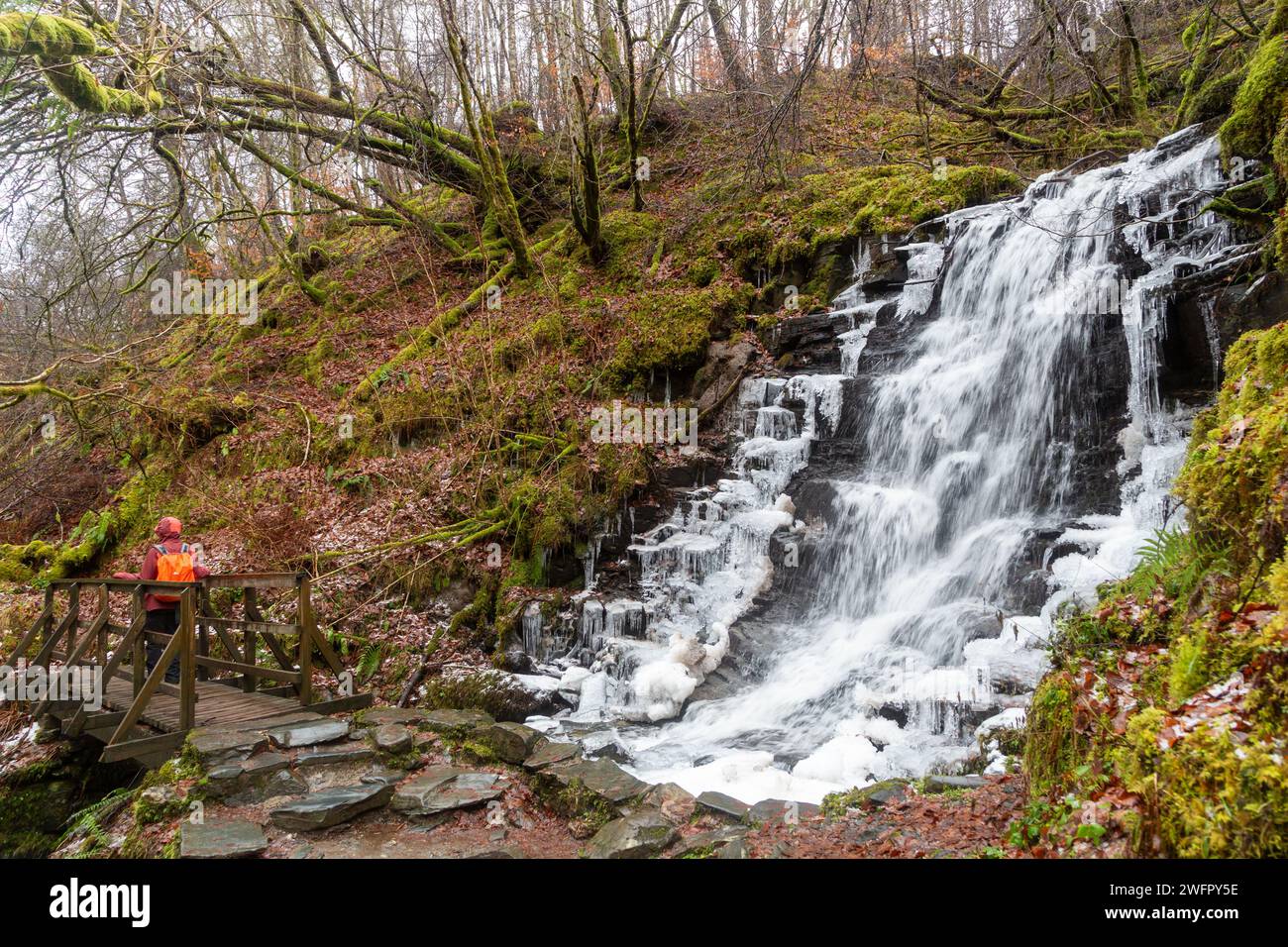 Ein gefrorener Wasserfall auf dem Birks of Aberfeldy Walk Stockfoto