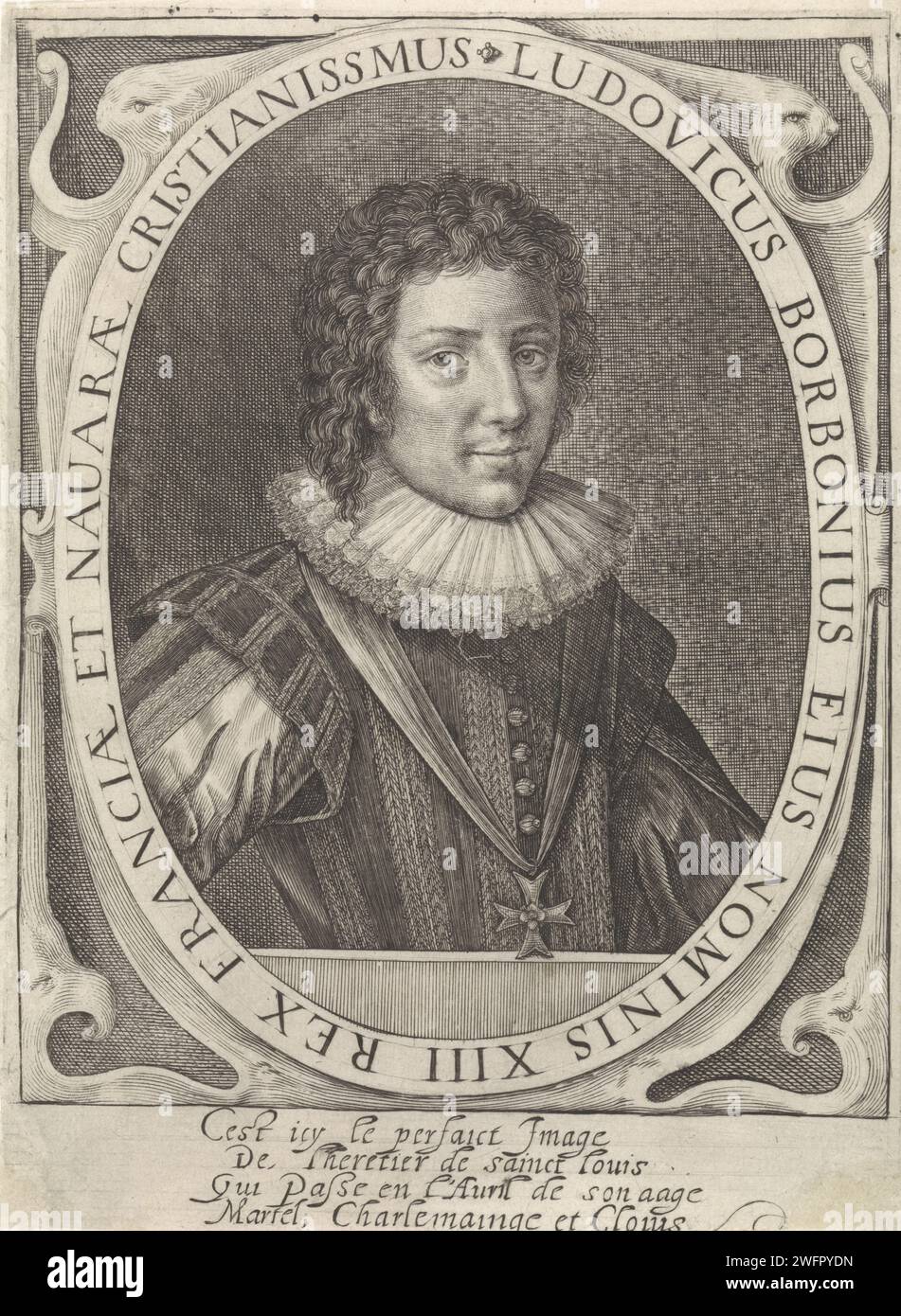 Porträt von Ludwig XIII., Crispijn van de Passe (II), 1604–1670 Porträt von Ludwig XIII., König von Frankreich. Er trägt eine Kette mit dem Orden des Heiligen Geistes. Am Rande ein vierzeiliges Lob auf Französisch. Unbekannter Papierstich, der Ritterorden des Heiligen Geistes Stockfoto