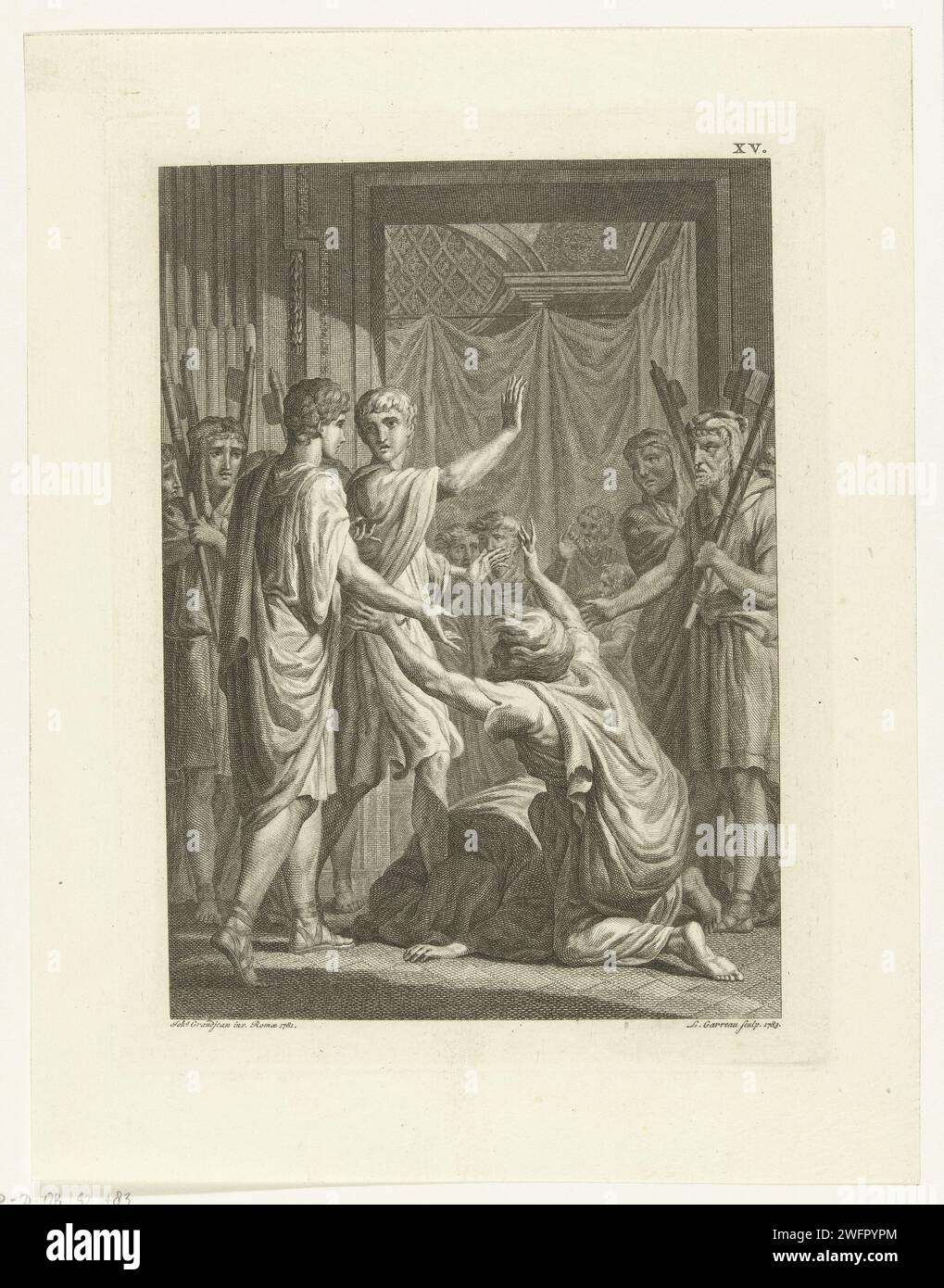 Zwei Germanen Knie für Germanicus, Louis E. F. Garreau, nach Jean Grandjean, 1783 drucken zwei Germanen Knie für Germanicus und seine Gefolgsleute. Sie flehen den General an, Mitleid mit ihren Söhnen zu haben, die Germanicus während seiner letzten Schlacht gefangen hatten. Der Druck ist Teil der Geschichte von General Germanicus. Amsterdamer Papierätzung / Gravur Vaterliebe. Kniend auf beiden Knien Niederlande Stockfoto