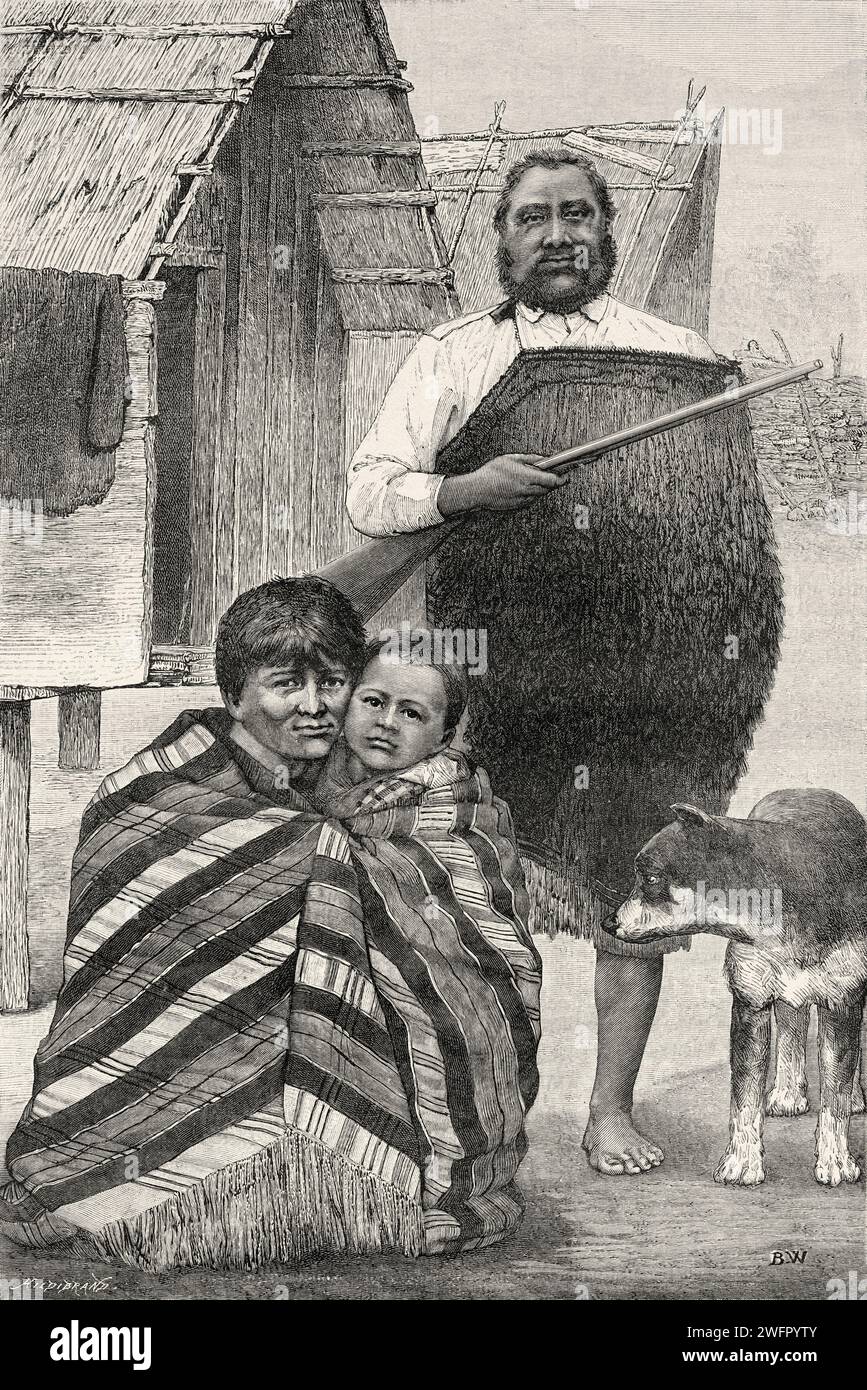 Familie Maori, Neuseeland. Reise nach Neuseeland 1889 von Gerrit Verschuur (1840-1906) Stockfoto