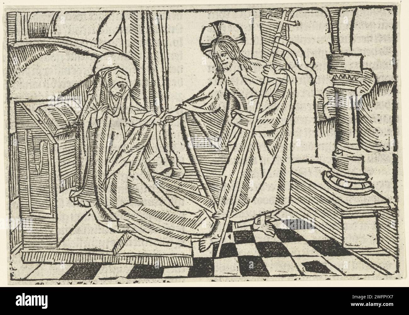 Christus erscheint Maria, Meister von Delft (zugeschrieben), 1503 Druck Kneelded Mary hält Hand Christi mit Stab. Niedere Länder Papier Christus, vielleicht als Pilger gekleidet, erscheint seiner Mutter, die normalerweise betend gezeigt wird Stockfoto