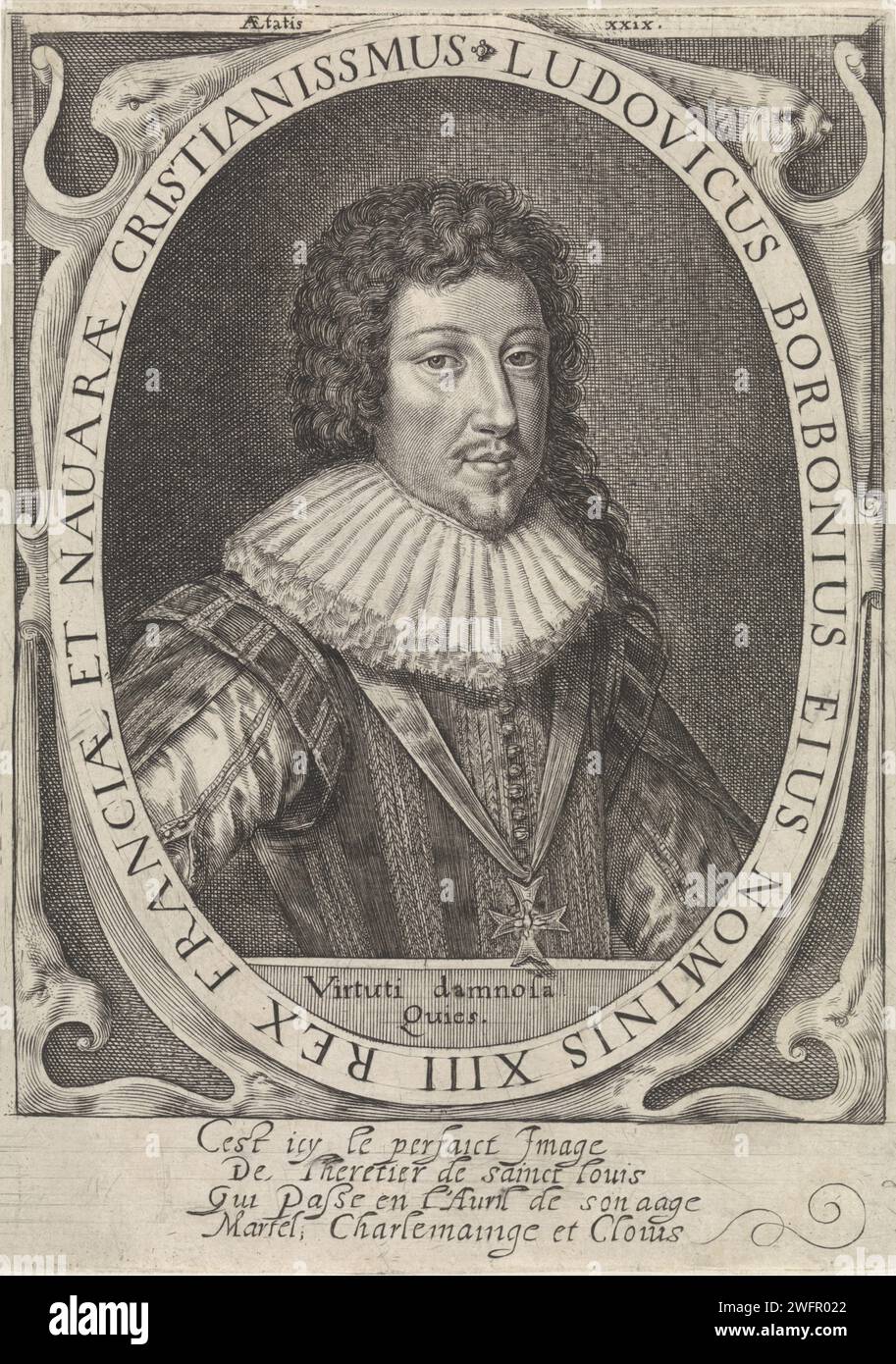 Porträt Ludwigs XIII., Crispijn van de Passe (II), 1604–1670 Porträt Ludwigs XIII., König von Frankreich, im Alter von 29 Jahren. Unter dem Motto porträtierte er in lateinischer Sprache. Er trägt eine Kette mit dem Orden des Heiligen Geistes. Am Rande ein vierzeiliges Lob auf Französisch. Unbekannter Papierstich, der Ritterorden des Heiligen Geistes Stockfoto