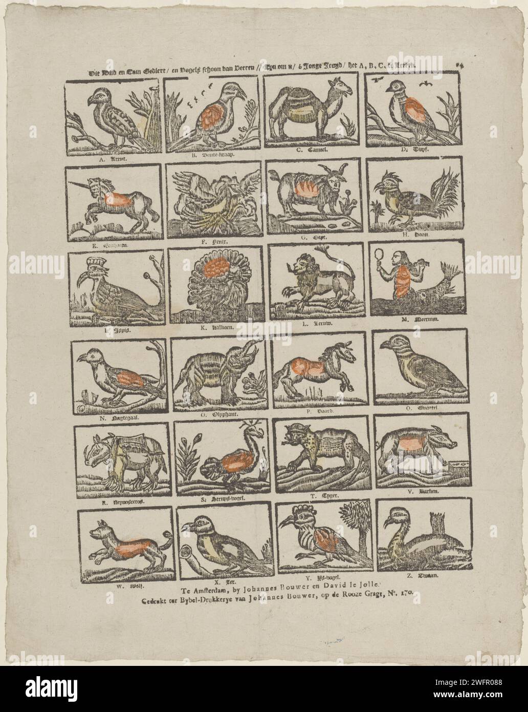 Diese wilden und zahmen Daten / und Vögel sauber von Veeren // sollen Sie lernen / ô junge Jugend / die A, B, C, te te, 1809 - 1814 Print Blatt mit 24 Darstellungen der Buchstaben des Alphabets dargestellt mit Tieren, deren Namen mit dem jeweiligen Buchstaben beginnen. Eine Beschriftung unter jedem Bild. Oben rechts nummeriert: 24. Verlag: Amsterdamprint Maker: Niederlande Papier Buchdruck Tiere. Fabelhafte Tiere (manchmal fälschlicherweise „Grotesken“ genannt); „Mostri“ (Ripa). Buchstaben, Alphabet, Schrift Stockfoto