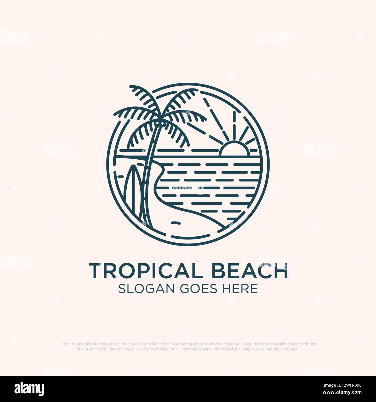 Sommer tropischer Strand Umrisslogodesign, Ocean line Art Logo Vektor Illustration, Zeichen Symbol Stock Vektor