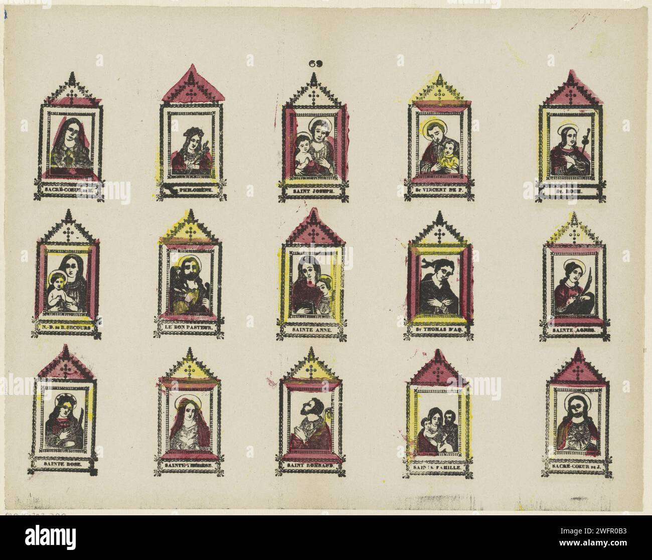 Gebetskarten, 1827 - 1894 Druck Blatt mit 15 Gebetskarten mit Darstellungen von Heiligen in einem dekorativen Rahmen, mit dem Namen des heiligen unten. In der Mitte nummeriert: 69. Schaerbeek Papier Buchdruck Heiligen. Weibliche Heilige Stockfoto Gebetskarten, 1827 - 1894 Druck Blatt mit 15 Gebetskarten mit Darstellungen von Heiligen in einem dekorativen Rahmen, mit dem Namen des heiligen unten. In der Mitte nummeriert: 69. Schaerbeek Papier Buchdruck Heiligen. Weibliche Heilige Stockfoto