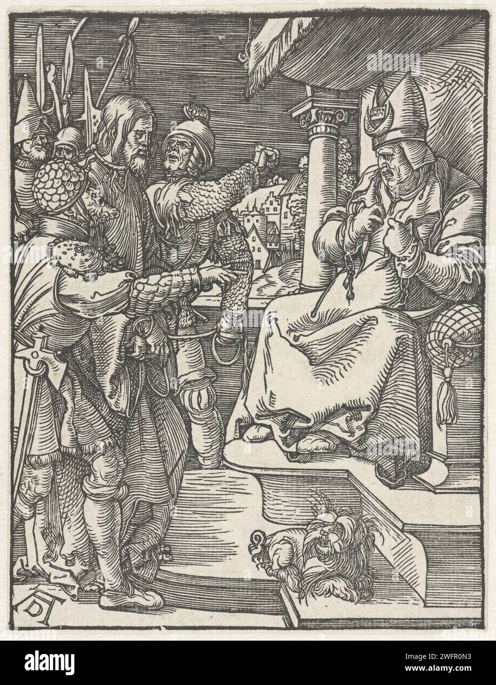 Christ for Kajafas, Albrecht Dürer, 1508–1509 Print Christ wird von bewaffneten Männern für Kaja pas geführt. Dieser Druck ist Teil der Presseserie „de kleine Passie“, die aus einem Titeldruck und 36 biblischen Szenen (hauptsächlich aus der leidenden Geschichte) besteht. Nürnberger Papier Christus vor dem Sanhedrin mit Kaiphas als Hohepriester und möglicherweise Annas; vielleicht ein Soldat, der Christus schlagen will, weil er schweigt (Matthäus 26:57-66; Markus 14:53-64; Lukas 22:54, 22:66-71) Stockfoto