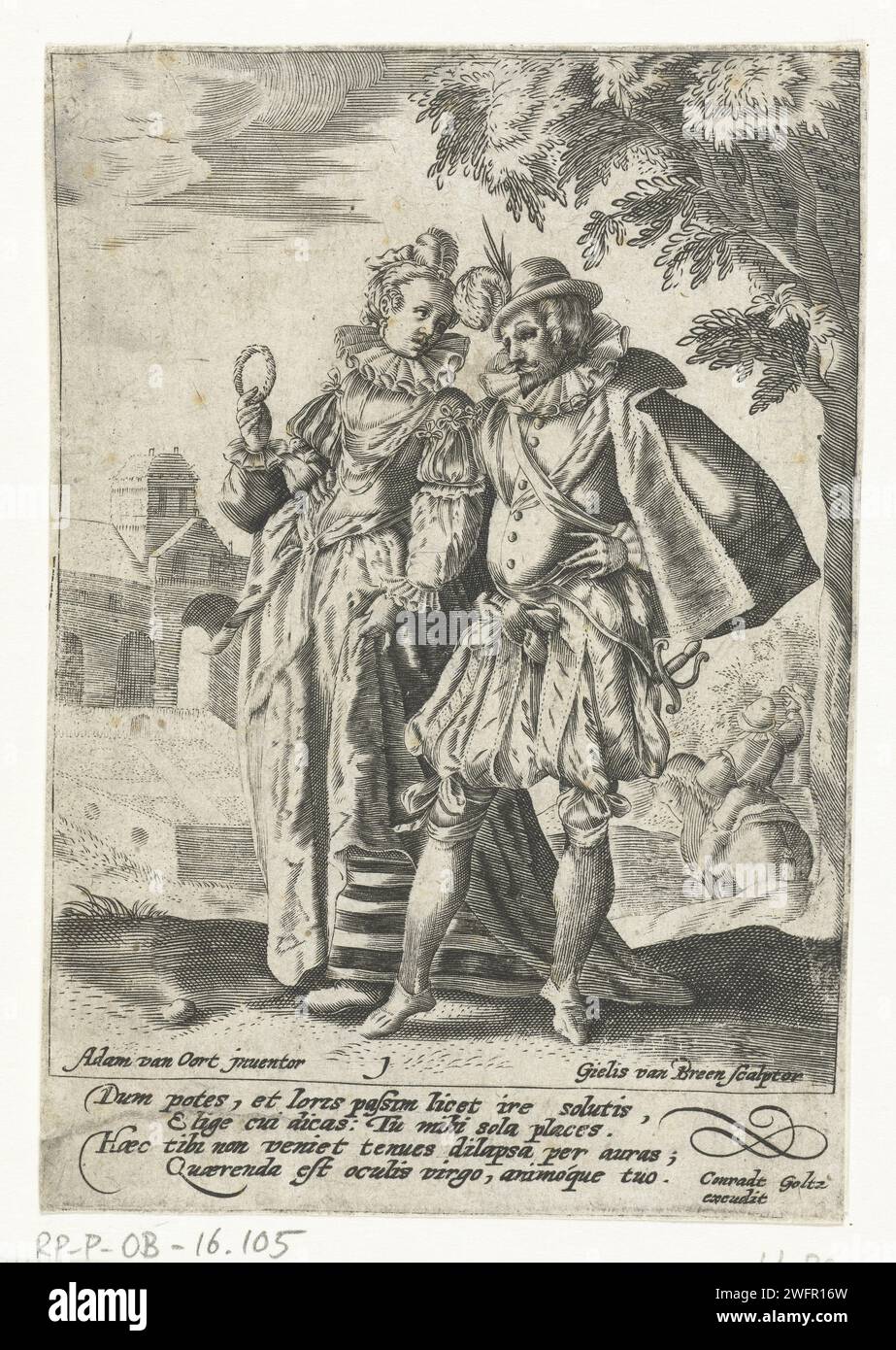 Walking Pärchen, Gillis van Breen, nach Adam van Noort, ca. 1580 - ca. 1600 Print Walking Pärchen, zu Fuß links. Die Frau hält einen Ring aus Blättern in der Hand. Ein Stadttor und ein Fahrer sind im Hintergrund zu sehen. Der Druck gehört zu einer Serie von vier Drucken, von denen die anderen nicht in der Sammlung des Rijksmuseums zu finden sind. Druckerei: Niedriger CountriesVerlag: Kölner Papier Gravur Kleidung, Kostüm (+ Herrenkleidung). Kleidung, Kostüm (+ Damenkleidung). Kleid, Kleid (+ Damenkleidung). cape (+ Herrenkleidung). Steppsteg (Abdeckung für die Genitalien). Hosen, Hosen usw. (REITHOSE) (+ Stockfoto