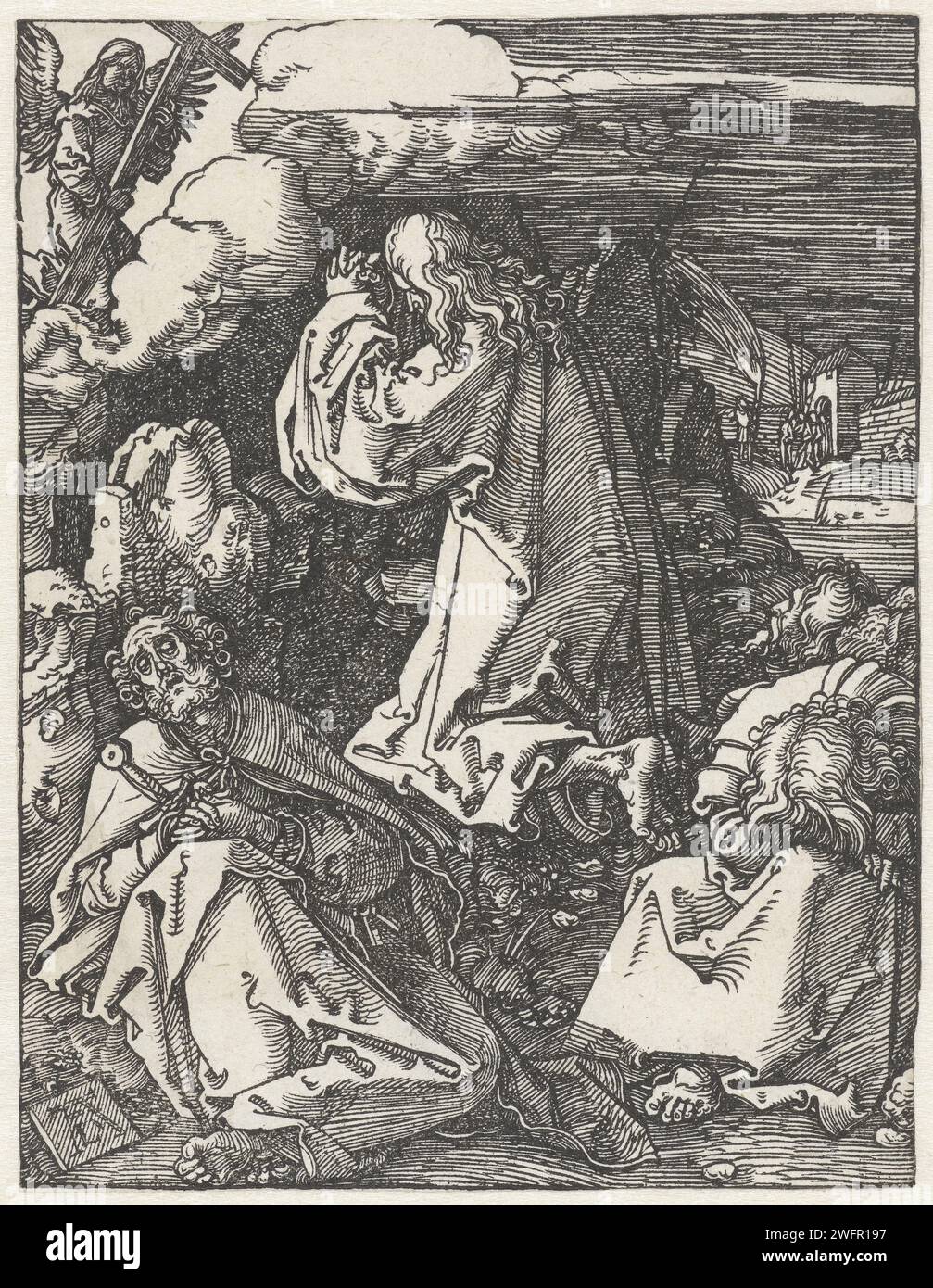 Christus im Hof van Getsemane, Albrecht Dürer, 1510 Druck Christus betet am Hof von Getsemane, während seine Jünger um ihn schlafen. Dieser Druck ist Teil der Presseserie „de kleine Passie“, die aus einem Titeldruck und 36 biblischen Szenen (hauptsächlich aus der leidenden Geschichte) besteht. Nürnberger Zeitung Christusgebet im Garten Gethsemane in der Nacht Stockfoto