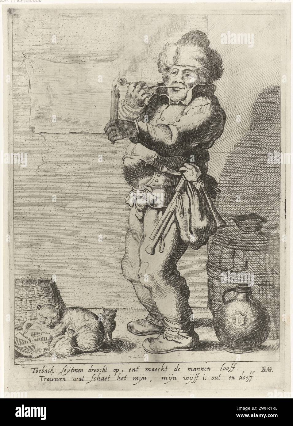 Rauchender Bauer, Jan Matham (zugeschrieben), nach Jan Matham, nach Adriaen Brouwer, nach Adriaen Pietersz van de Venne, 1628–1648 drucken Ein Bauer, der in einem Innenraum steht, zündet seine Pfeife mit einer Kerze an. Ein Dudelsack hängt an seiner Hüfte. Neben ihm sind ein Krug und ein Fass und vor seinen Füßen eine Katze mit einem Jungen. Ein Bild hängt an der Wand hinter ihm. Haarlem Papier Gravur / Ätzpfeife  Tabak. Kerze. Landwirte. Behälter mit Keramik: Glas, Kanne, Topf, Vase. Kat Stockfoto