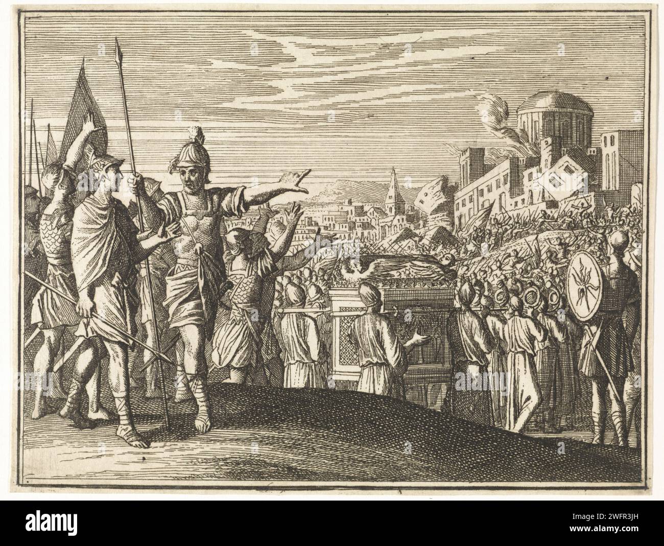 Fall von Jericho, Caspar Luyken, 1712 Druck Amsterdamer Papier, das die Israeliten um Jericho herumschreiten: Bei der Prozession kommt der Hauptkörper der Soldaten zuerst, als nächstes sieben Priester, die auf Trompeten blasen, gefolgt von den Priestern, die die Arche und eine Hinterwache tragen Stockfoto