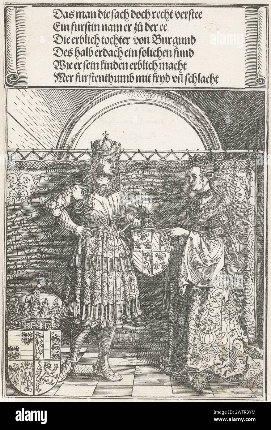 Die burgundische Ehe: Maximilian heiratet Maria van Bourgondia, Albrecht Dürer, 1515 Druck Maximilian und Maria van Burgund, die nebeneinander vor einem Vorhang stehen, halten ein Wappen zusammen. Links neben Maximilian ist ein Wappen zu sehen. Über dieser Aufführung befindet sich ein deutscher Text in gotischer Schrift. Detail des Triumphbogens von Keizer Maximilian I. Nürnberger Papierehe, verheiratetes Ehepaar, "Ehe". Waffenlager, Heraldik Stockfoto