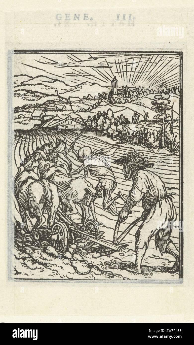 Bär und Tod, Hans Holbein (II), 1538 drucken Ein Bauer läuft hinter einem Team, das von zwei Pferden über ein Feld gezogen wird. Kurz vor ihm läuft auch der Tod hinter einem Team, er winkt mit einer Peitsche zu den Pferden. Im Hintergrund befindet sich eine hügelige Landschaft mit Bauernhöfen und einem Dorf. Der Text befindet sich am Rand über dem Ausdruck. III Papierbauern. Pflügen. Tanz des Todes; Tod zusammen mit einem oder mehreren Menschen Stockfoto