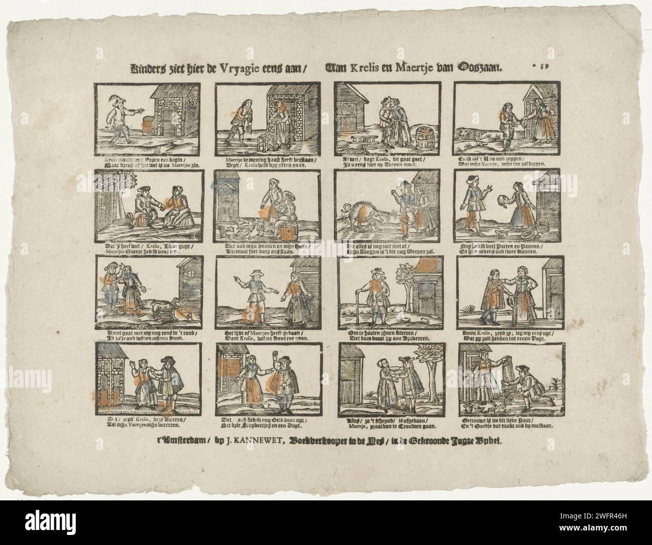 Kinder hier sehen die Vryagie Once on / von Krelis und Maertje van Oostzaan, 1725 - 1780 Print Blatt mit 16 Aufführungen der Vrijage des armen Krelis und Maartje van Oostzaan. Unter jedem Bild ein zwei-Wege-Vers. Rechts oben nummeriert: *59. Amsterdamer Buchdruckerei Stockfoto