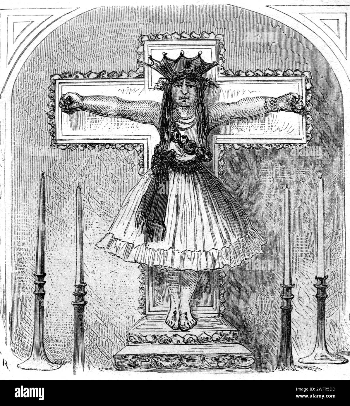 Kruzifix mit Quechua-Frau in der Kirche Combapata Cusco oder Cuzco Peru. Vintage oder historische Gravur oder Illustration Stockfoto