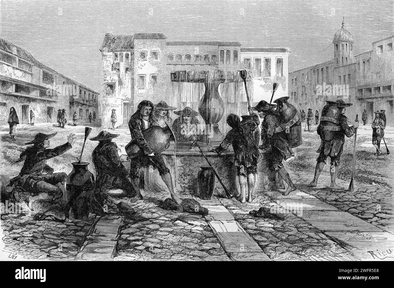 Wasserträger füllen die Gläser am Straßenbrunnen auf dem Place San Blas oder der Plaza San Blas im Viertel Barrio de San Blas, in der Altstadt oder im historischen Viertel von Cuzco oder Cusco Peru. Vintage oder historische Gravur oder Illustration 1863 Stockfoto Wasserträger füllen die Gläser am Straßenbrunnen auf dem Place San Blas oder der Plaza San Blas im Viertel Barrio de San Blas, in der Altstadt oder im historischen Viertel von Cuzco oder Cusco Peru. Vintage oder historische Gravur oder Illustration 1863 Stockfoto