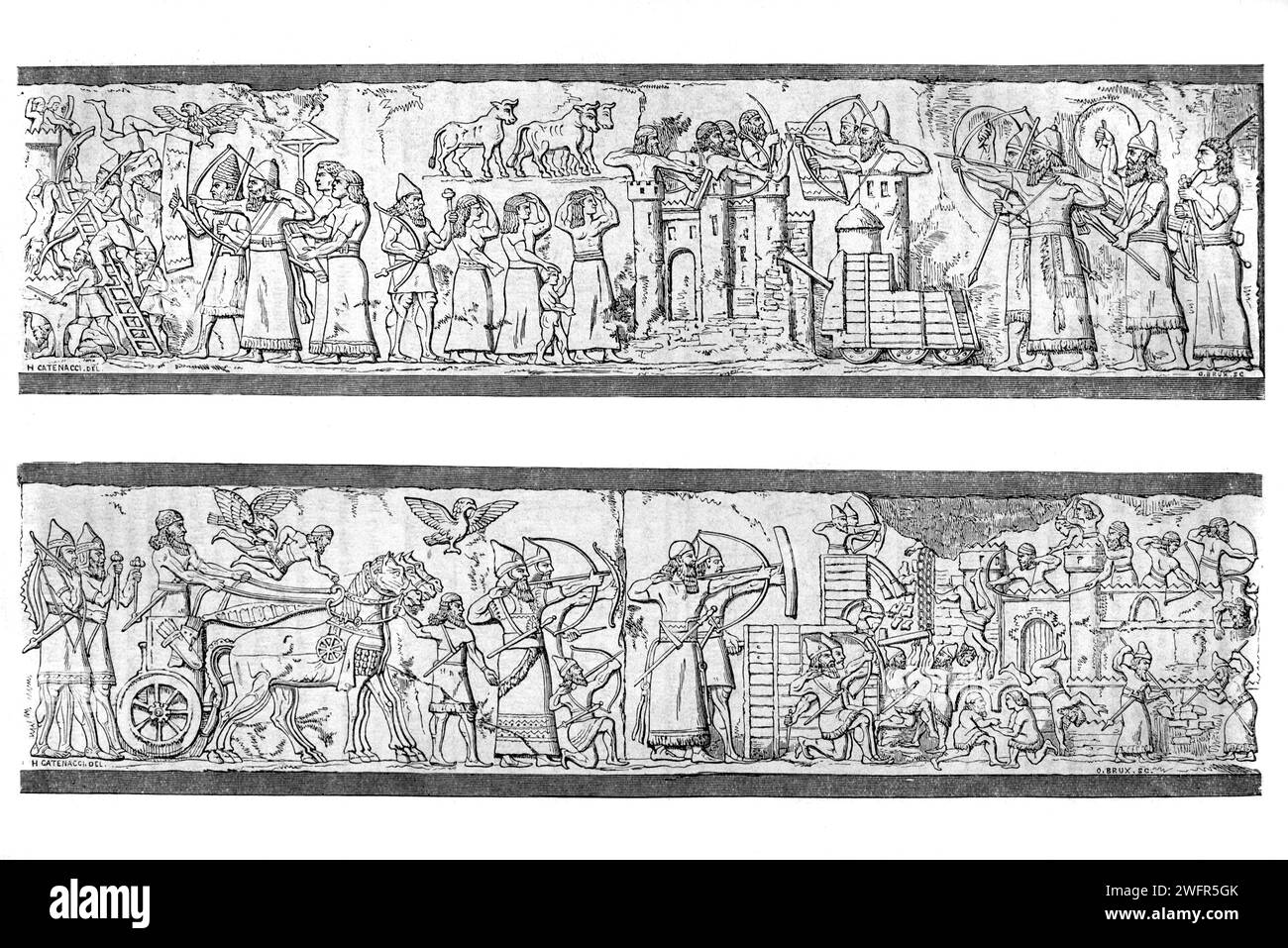 Assyrisches Relief, Bas Relief oder Stone Relief, das die Belagerung einer Stadt zeigt. Aus Dur-Sharrukin, jetzt Chorsabad Irak. Vintage oder historische Gravur oder Illustration 1863 Stockfoto
