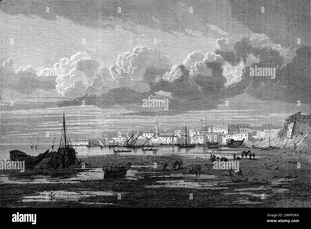 Frühe Sicht auf den Seehafen oder die Hafenstadt Suez am Roten Meer und den Golf von Suez, Ägypten. Vintage oder historische Gravur oder Illustration 1863 Stockfoto